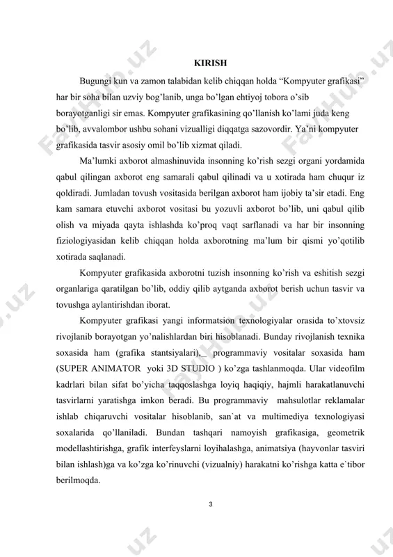 r grafikasining 3 turini o’rganamiz, bular : rastrli, fraktal, vektorli grafikadir. rastr grafikaning asosi piksel (nuqta) hisoblanib, u rang bilan ifodalanadi. rastr bu – nuqtalarning tartibli joylashuvidir. afzalligi: ((rastr grafikasi real obrazlarni effektiv namoyish eta oladi. sifatli rastr tasvirlari foto surat darajasidagi yuqori aniqlikda real va haqqoniy aks ettirilishi mumkin. ((rastr tasvirlar chiqarish qurilmalari – asosan lazer printerlarida juda yaxshi chop etiladi. ya‘ni rastr grafikasining sifati chop etishda o’zgarmaydi. kamchiliklari: ((rastr tasvirlari saqlash qurilmalarida (qattiq disk, cd-dvd, fleshka va h.) ko’p joy egallaydi; ((rastr tasvirlarni tahrirlashda kompyuterning xotira resurslari – xususan tezkor xotirada ko’proq joy talab etiladi; ((rastr tasvirlarni tahrirlash mehnat talab va mashaqqatli; ((rastr tasvir masshtablashtirilganda tasvir sifati o’zgaradi. fraktal grafikasi asosan matematik amallar asosida grafik kompozitsiya tuzishda qo’llaniladi. bugungi kunda videoroliklar, kliplar, video o’yinlar yaratishda fraktal grafikaning o’rni beqiyosdir. afzalligi: ((original va bejirim, fantastik tasvirlarni hosil qilish mumkinligi; ((real hodisa va jarayonlarni (ilmiy grafikaviy) modellashtirishda qo’llash mumkinligi. kamchiliklari: …