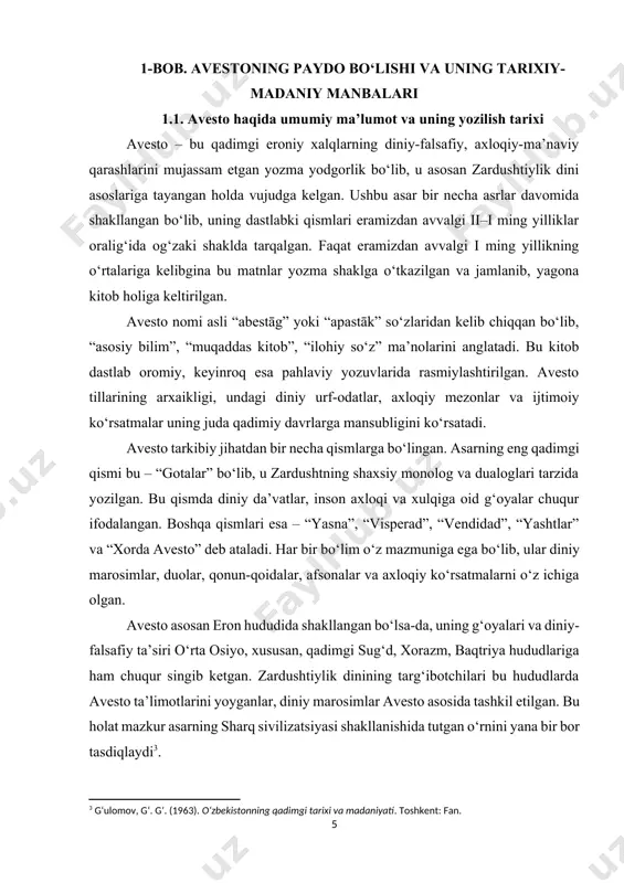 lamidir. o‘zbekistonda avesto ilmiy jihatdan xx asrning ikkinchi yarmida chuqur o‘rganila boshlandi. akademik i. m. oranskiy, v. a. livshits, e. e. bertels, g‘. g‘. g‘ulomov singari sharqshunos olimlar avestoning tarixiy-madaniy va adabiy jihatlariga oid muhim tadqiqotlar olib bordilar. o‘zbekiston respublikasi fanlar akademiyasi sharqshunoslik instituti qoshida avesto bo‘yicha ilmiy ekspeditsiyalar tashkil etilgan va ularning natijalariga asoslangan holda bir qancha tarjima va tahliliy asarlar yaratildi[footnoteref:4]. [4: berdiev, o. (2004). avesto va o‘zbek xalqining qadimiy tafakkuri. toshkent: o‘zbekiston milliy ensiklopediyasi.] bugungi kunda avesto – nafaqat diniy matn, balki qadimgi sharq xalqining ma’naviy dunyoqarashi, urf-odatlari, ijtimoiy-siyosiy qarashlarini aks ettiruvchi muhim manba sifatida o‘rganilmoqda. uning tarkibidagi axloqiy, tarbiyaviy qarashlar nafaqat o‘z davrida, balki hozirgi zamonaviy jamiyatda ham o‘z dolzarbligini yo‘qotmagan. shunday qilib, avesto nafaqat tarixiy yozma yodgorlik sifatida, balki zamonaviy tarbiya, axloqshunoslik, falsafa, madaniyatshunoslik fanlari uchun ham muhim manba bo‘lib xizmat qilmoqda. uni o‘rganish orqali biz nafaqat o‘tmishni anglaymiz, balki kelajak avlod tarbiyasida qadimiy bilim …