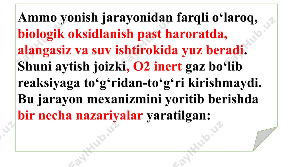 a 2,4-dinitrofenol, disulfid moddalar, pirofosfatlar, co2 , tiroksin, bakterial toksinlar, salitsilatlar, papaverin, streptomitsin, penitsillin, gramitsidin, strofantin va boshqalar kiradi. quyidagi fizik omillar ham shunday ta’sir etadi: sovqotish, rentgen va radiofaol nurlar, ochlik, to‘liqish va boshqalar. nafas olish va fosforillanish ingibitorlari shu bilan birga elektronlarni nafas olish zanjirida tashilishini susaytiruvchi moddalar ham bor. bularga rotenon, amital (flavin fermentlarini spetsifik ingibitorlari); antimitsin a (sitoxrom b ingibitori); sianidlar (sitoxromoksidaza ingibitorlari) kiradi. atf sintezini ingibirlovchi moddalarga oligomitsin, rutamitsin, auroverdinlar kiradi. ko‘pchilik gipoksik holatlarda (kamqonlik, tog kasalligi, qon tashilishining buzilishi) to‘qima nafas olish jarayoni buziladi va hujayrada energiya tanqisligi kuzatiladi. bunday holat gipovitaminozlarda (vitamin pp va b2 ), infeksion kasalliklarda, intoksikatsiyalarda kuzatilishi mumkin. oksidlanishli fosforillanish mexanizmi ko‘pchilik olimlarni qanday qilib oksidlanish bilan bir vaqtning o‘zida fosforillanish mumkinligi qiziqtirgan. shu sababli bir necha xil nazariyalar ishlab chiqilgan: kimyoviy, konformatsion va xemiosmotik nazariyalar shular jumlasiga kiradi. 1. kimyoviy nazariyaga ko‘ra nafas zanjirida elektronlarning tashilishi natijasida ajralib chiqayotgan …