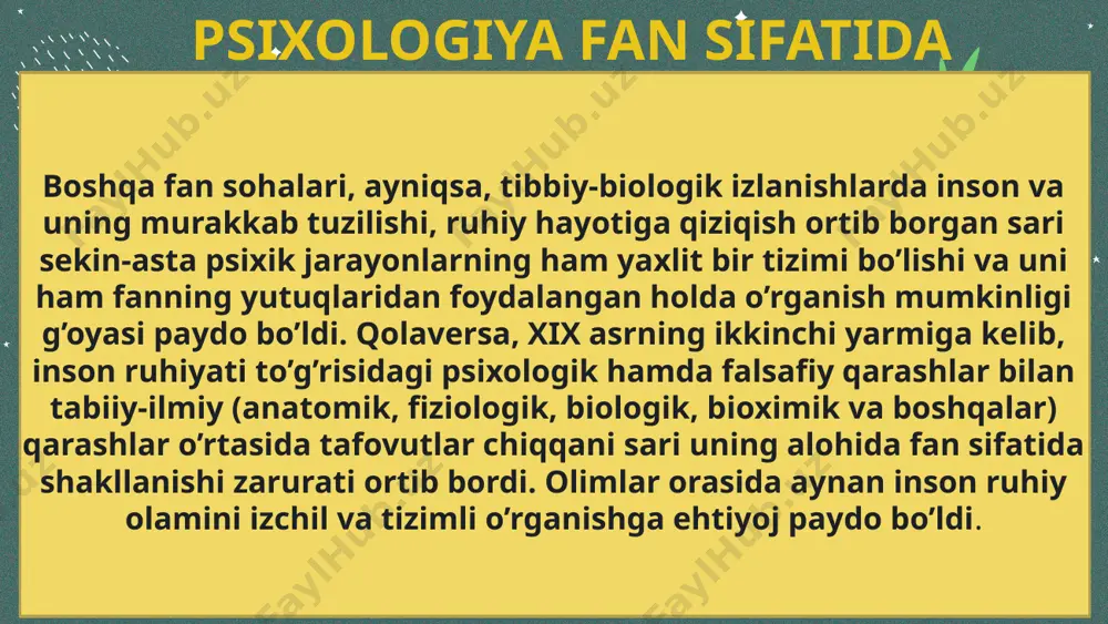 bu narsa odatda tarbiyachining maktab o'quvchisining axloqiy pozitsiyasini belgilab beradigan ta'sirli referent guruhlardan mutloko xabarsiz ekanligini bildiradi 32 o’qituvchi psixologiyasi o‘qituvchi psixologiyasi ta’lim, tarbiya va o‘quvchilarni rivojlantirishga yo‘naltirilgan pedagogik faoliyat jarayonida namoyon bo‘ladi, shakllanadi va o‘zgaradi. 33 34 yuridik psixologiya sud psixologiyasi kriminal psixologiya harbiy psixologiya tibbiyot psixologiyasi neyropsixologiya psixofarmakalogiya psixoterapiya psixologiyaning ta’lim va maorif sohasidagi ahamiyati an’anaviy va azaliy bo‘lib, ularning yosh avlod tarbiyasini zamon talablari ruhida amalga oshirishdagi roli va nufuzi o‘ziga xosdir 35 psixologiyaning ta’lim, maorif sohasidagi ahamiyati m.g.davletshin, e.g‘.g‘oziev, m.vohidov, v.a.tokareva. r.z.gaynutdinov, v.m.karimova, g‘.b.shoumarov, r.i.sunnatova, z.t.nishonova va boshqalarni kiritish mumkin. yuqorida nomlari tilga olingan olimlar o‘zlarining g‘oyalari va milliy mafkuralar bilan yoshlarda tafakkur sifatlaridan mustaqillik, tanqidiylik kabilarni shakllantirishga e’tibor bermoqdalar. 36 psixologiyaning oila va ishlab chiqarish sohalaridagi o‘rni chunonchi, birinchi ijtimoiy psixologik tadqiqot ham 70- yillarning oxiri 80- yillarning boshida i. yoqubov tomonidan o‘tkazilgan bo‘lib, u oilaviy munosabatlarning barqarorligi va er-xotin ijtimoiy rollarining muvofiqligini ta’minlovchi sotsial-psixologik …