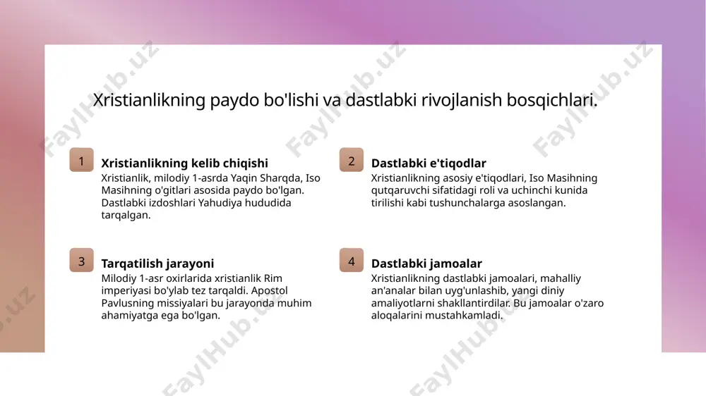 stianlikning o'zbekistondagi tarixi va madaniy integratsiyasi. xristianlikning kirishi madaniy integratsiya zamonaviy xristianlik xristianlik o'zbekistonga milodiy i asrda kirgan. rim imperiyasi davrida savdo yo'llari orqali tarqalgan, mahalliy aholi orasida qiziqish uyg'otdi. xristianlik o'zbekiston madaniyatiga o'z ta'sirini ko'rsatdi. xristian an'analarining o'zbek xalq an'analari bilan uyg'unlashuvi, san'at va adabiyotda aks etadi. bugungi kunda o'zbekistonda xristianlikning jamiyatdagi o'rni muhim. turli diniy tashkilotlar va mahalliy jamoalar o'rtasidagi muloqot kuchaymoqda. o'zbekistondagi xristianlik va mahalliy an'analar o'rtasidagi aloqalar. xristianlikning tarixi o'zbekistonda xristianlikning tarixi 19-asrda boshlangan. bu davrda rus imperiyasi tomonidan o'zbek yerlariga ko'plab xristianlar ko'chirilgan. mahalliy an'analar o'zbekistondagi xristianlik mahalliy an'analar bilan birlashib, yangi madaniy qatlamlarni shakllantirdi, masalan, mahalliy bayramlar va urf-odatlar. madaniy integratsiya xristianlik va mahalliy an'analar o'rtasidagi integratsiya, san'at va adabiyotda o'z ifodasini topdi, xristian motivlari o'zbek ijodida ko'plab ko'rinishlarda mavjud. xristianlik madaniyatining o'zbekistondagi san'at va adabiyotga ta'siri. xristianlik va san'at xristianlik, o'zbekistondagi san'atni rivojlantirishda muhim rol o'ynadi. u diniy va ma'naviy mavzularni ifodalovchi asarlarni …