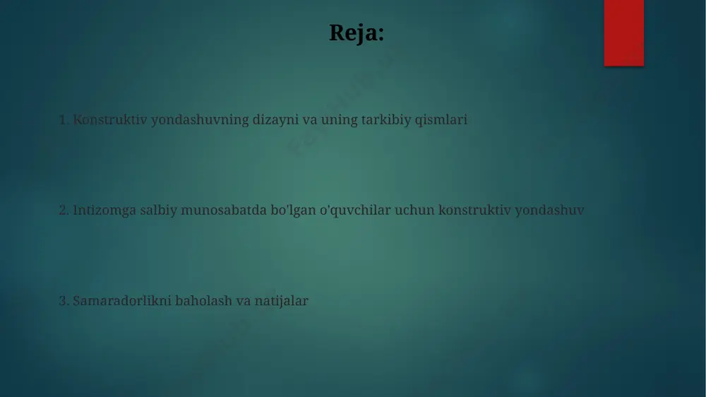 ydi, bu esa norozilikka olib keladi. o'quv jarayonini qiziqarli va samarali qilish o'quv jarayonini 3 ta asosiy bosqichga bo'lish (taqdimot, amaliyot, mustahkamlash) va har bir bosqichga mos interfaol usullarni qo'llash, masalan, o'yinlar yoki guruhlarda ishlash, o'quvchilarning qiziqishini oshiradi. o'quvchilarning muvaffaqiyatlarini muntazam ravishda rag'batlantirish, 5 ta kichik maqsadni belgilash va ularning har birini bajarganidan keyin ijobiy munosabat bildirish motivatsiyani kuchaytiradi. muvaffaqiyatga erishish uchun rag'batlantirish har bir muvaffaqiyat uchun, hatto kichik bo'lsa ham, taqdirlash tizimini (masalan, ball, sertifikatlar) joriy etish motivatsiyani 20% ga oshirishi mumkin, bu salbiy munosabatni o'zgartirishga yordam beradi. o'quvchilarning yutuqlarini muntazam ravishda kuzatib borish va ijobiy natijalarni ta'kidlash, masalan, 70% ga yaxshilanishni qayd etish, ularni rag'batlantirishning muhim vositasidir. maqsadlarni qo'yish va ularga erishish yo'llari kichik, 3-5 tadan iborat, bosqichma-bosqich maqsadlar qo'yish, katta maqsadga erishish jarayonini soddalashtiradi va o'quvchilarning motivatsiyasini oshiradi. maqsadlarni aniq va o'lchanuvchan qilib qo'yish, masalan, “haftasiga 3 marta darsga muntazam qatnashish” kabi aniq ko'rsatkichlar bilan, muvaffaqiyatni osonroq …