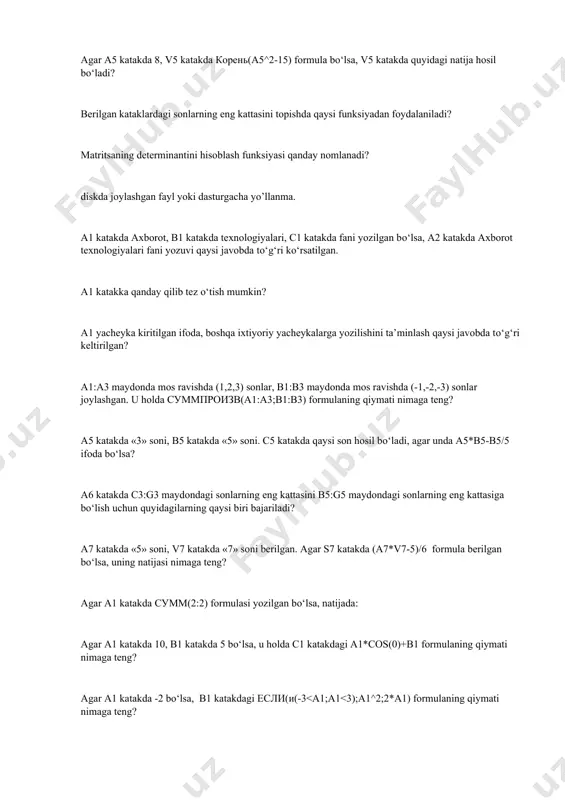 birinchi ehmlar qachon yaratilgan? excel 2003 dasturida necha turdagi diagramma tuzish mumkin? excelda cos(00) ning qiymati ... excelda cos(900) ning qiymati teng ... excelda sin(0) ning qiymati teng ... excelda sin(900) ning qiymati teng ... excelda пpои3вед(в5: в10) funksiyasi nimani hisoblaydi? excelda сp3нач(а5:a50) funksiyasi nimani hisoblaydi? excelda сумм(g1: g100) funksiyasi nimani hisoblaydi? v8 katakda b4:g4 maydondagi sonlarning о‘rtachasini b5:g5 maydondagi sonlarning о‘rtachasiga bо‘lish uchun quyidagilarning qaysi biri bajariladi? skanerni ishga tushuruvchi dastur nomini aniqlang. «plotter» qanday qurilma? …… dasturi ……operatsion tizimi doirasida ishlaydi. …………..bu grafik dasturlar paketi bo’lib, elektron slaydlarni tayyorlash, ular bilan tanishishni uyushtirish va slaydfilmlarni namoyish etishga tayyorlaydi. aktiv katakka eslatma kiritish uchun quyidagi buyruqdan foydalaniladi: antivirus dasturlarini ko‘rsating? asboblar panelidagi «мастер диаграмм» nimaga mо‘ljallangan? asosiy elektrosxema bo’lib unga protsessor, tezkor va kesh xotira mikrosxemalari, kontroller va adabter elektrosxemalari urnatiladi, kattik disk va disk yurituvchilari ulanadi. bu qaysi qurilma? axborot qanday sifatlarga ega bo‘lishi kerak? bu maxsus papka …