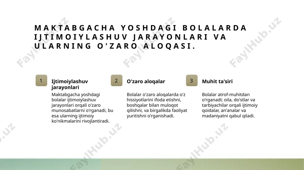 lantiradi. ijtimoiylashuvda muhitning ta'siri: bolalar uchun zarur sharoitlar. 1 atrof-muhit ahamiyati bolalar uchun ijtimoiylashuv jarayoni atrof-muhitga to'liq bog'liqdir. ular o'z muhitini o'rganish orqali ijtimoiy ko'nikmalarni shakllantiradi. 2 o'yin va o'quv o'yin bolalar uchun muhim ijtimoiylashuv vositasidir. ular o'yin orqali bir-birlari bilan muloqot qilib, jamoaviy ishni o'rganadilar. 3 oila muhitining roli oila bolalar ijtimoiylashuvining asosiy manbai hisoblanadi. oila a'zolari bilan aloqalar bolalar uchun zaruriy ijtimoiy ko'nikmalarni rivojlantiradi. 4 madaniyat va an'analar madaniyat va an'analar bolalarning ijtimoiylashuv jarayonida muhim rol o'ynaydi. ular bolalarga o'z madaniyatlarini tushunish va qadrlashni o'rgatadi. tarbiyada muhitning roli: ijtimoiy ko‘nikmalarni shakllantirish. tarbiyaning ahamiyati tarbiya muhitida ijtimoiy ko‘nikmalarning shakllanishi bolalarning o‘zaro munosabatlarida va jamiyatga moslashuvida muhim rol o‘ynaydi. oila ta'siri oila muhitida bolalar o‘zlarining birinchi ijtimoiy ko‘nikmalarini o‘rganadilar. ota-onalar, o‘zaro muloqot orqali, bolalarga muomala va hurmatni namoyish etadilar. maktabgacha muhit maktabgacha ta'lim muassasalari bolalarni ijtimoiylashuv jarayonida guruhda ishlash, muloqot qilish va ijtimoiy ko‘nikmalarni rivojlantirish uchun imkoniyatlar yaratadi. madaniy omillar …