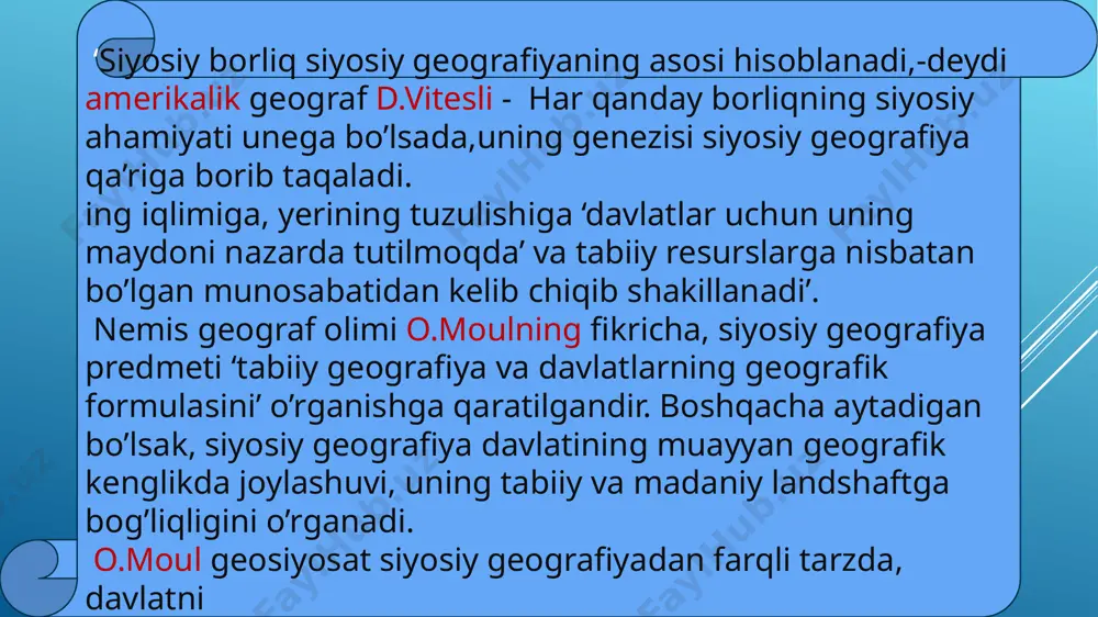 yicha qarashlari keyinchalik ‘borliqda geografik organizm sifatida mujassamlashgan davlatlar haqidagi fan geosiyosatga qo’shilib ketdi, desak ham bo’ladi.shuning uchun chellen geosiyosat fanining quydagi bo’limlardan iborat ekanligini aytadi; topasiyosat- davlatning siyosiy jihatdan qanday muhit bilan qurshalganligini o’rganadi. morfosiyosat- daavlatning hududiy shakllarini o’rganuvchi bilimlar majmuasi. fiziosiyosat- davlat hududlarining markazga qanday pozitsiyada ekanligini, ular munosabatlari ko’lamini tadqiq etuvchi bilimlar. xullas, r.chellenning ilgari surgan va nazariy isbotlanga uringan geosiyosat konsepsiyalari f.rattsel qarashlarini mundarijaviy jihatdan to’ldirdi. xelford makkinder- ‘tarixning geografik o’qi’ x. makkinder 1861 yil angliyaning geynsburg shahrida tug’ilgan. oksford universitetida ta’lim olgan. 1887 yilda mazkur universitetda o’qituvchi bo’lib ish faoliyatini boshlagan. olim 1899 yil oksford geografiya maktabiga asos slogan. 1903 yildan 1908 yilgacha london iqtisodiyot maktabida direktorlik qilgan. 1910-1922 yillar shotlandiya parlamenti a’zosi bo’lib, konservatirlar manfaatini himoya qilgan. x.makkinderning siyosiy faoliyatida aynan shu davr muhim bosqich bo’lgan, ya’ni u 1919-1920 yillar rossiyaning janubida britan komissarligi vazifasini ham bajargan. 1922-1947 yillar esa buyuk biritaniya imperiyasi davlat …