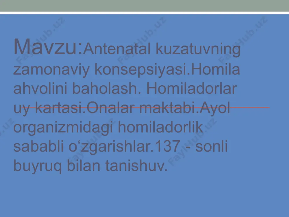 y va boshqa nuqsonlarning rivojlanish xavfini aniqlashga qaratilgan tibbiy tadqiqotlar kompleksi: laboratoriya va ultratovush yordamida tekshiruv (utt) kiradi. “skrining” so‘zi ingliz tilida “saralash” ma’nosini bildiradi. prenatal skrining 5 turdan iborat: ultratovush yordamida tekshiruv; biokimyoviy analiz; immunologik (homilaning rivojlanishiga putur yetkazadigan torch-infeksiyalarga tekshirish: qizilcha, gerpes, sitomegalovirus, toksoplazmoz, xlamidioz); sitogenetik analiz (qo‘shimcha ko‘rsatmalar asosida qilinadi); molekulyar ( juda kam uchraydigan irsiy kasalliklarda qilinadi). homiladorlik davrida ayol organizmida har xil funksional oʻzgarishlar roʻy berib, homilaning yaxshi rivojlanib borishi uchun qulay sharoitlar yuzaga keladi. bu davrda markaziy nerv sistemasi funksiyasi bir qadar oʻzgarib, natijada orqa miyaning qoʻzgʻaluvchanligi pasayadi, bu — bachadon muskullarining boʻshashishi va uning tinch holatda boʻlishiga olib keladi. homiladorlik paytida hosil boʻladigan sariq tana va platsenta homilaning oy-kuni yetib tugʻilishi uchun zarur gormonlar ishlab chiqaradi; platsentadan ishlanib chiqadigan va boshqa gormonlar taʼsirida sut bezlari kattalashib, homiladorlik oxiriga borganda, undan ogʻiz suti, chilla davrida esa sut kela boshlaydi. bachadonda ham talaygina oʻzgarishlar roʻy …