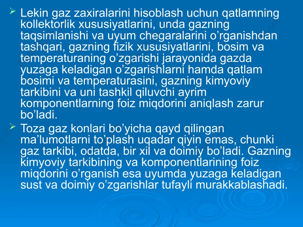 in. gaz zaxiralarini hisoblash uchun hajmiy formula quyidagi ko’rinishga ega: v=fhmf(r−roo)gg bunda v − hisoblash sanasiga chiqarib olinadigan (sanoat miqyosida) gaz zaxirasi, m3; f ― mahsuldor gazlilik chegarasidagi maydon, m2; h - gazli qatlam g’ovakli qismining qalinligi, m; m - g’ovaklilik koeffitsienti; r − hisoblash sanasiga gaz uyumidagi o’rtacha mutlaq bosim, mpa; ro − sanoat miqyosidagi gaz zaxiralari chiqarib olingandan so’ng va quduq og’zidagi mutlaq bosim 0,1 mpa ga teng bo’lib, barqarorlashgandan so’nggi o’rtacha qoldiq mutlaq (yakuniy) bosim,  va o - uglevodorodli gazlarni boyl-mariott qonunidan og’ishiga  va o bosimlar uchun tegishlicha tuzatishlar; f - gaz hajmini standart temperaturaga keltirish uchun temperaturaga tuzatish (tst=20os, t=273os); g - bog’liq suv miqdori hisobga olingandagi gazga to’yinganlik koeffitsienti; g - gaz bera olish koeffitsienti. gaz quduqlaridagi qatlam bosimi quduq og’zidagi (vaqtincha ularning yopiqligida) bosim asosida quidagi formulalar bo’yicha gaz ustunining og’irlik kuchini hisobga olib aniqlanadi. bunda rqt  yopiq quduqning tubining statik …