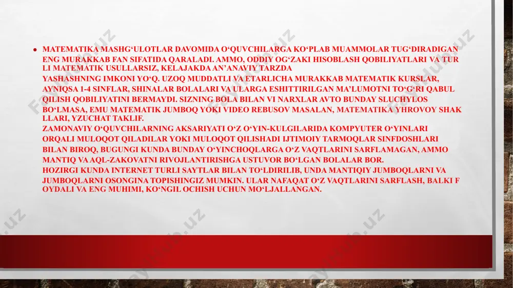 tlardan tashkil topgan murakkablikning turli darajalarida jumboq. bunday muammolarni hal qilish juda qiziq. bundan tashqari udovolstvem mustaqil do‘stlari va odnoklassnykov uchun matematik jumboq sostavlyat mogut ohromnim bilan yoshi starsheho ko‘proq yigitlarni etoho uchun, yaxshi narsa trenyrovat sobstvenniy aql va razvedkasi plus razvyvat mantiq th beradi. agar rebuslar murakkab jumboq shaklida taqdim etilsa, bolalar to‘g‘ri qaror qabul qilish uchun bir oz boshni "buzish" kerak. ushbu qiziqarli va kognitiv mashg‘ulotlar paytida bolangiz nostandart qarorlar chiqaradi. kelajakda turli vaziyatlardan kelib chiqadigan natijalarni topish uchun bunday mahorat bolangiz uchun foydali bo‘ladi. va eng muhimi, matematik jumboq va rebuslar bolangizga ijobiy kayfiyat bag‘ishlaydi. agar u bunday jumboqlarni do‘stlaringiz yoki siz bilan birga hal qilsa, u yanada yaqinlashishi va munosabatlarni mustahkamlashi mumkin. keling, matematik muammolarni qanday qilib to‘g‘ri hal qilishni ko‘rib chiqaylik. muayyan o‘ziga xos narsalarni, raqamlarni, alomatlarni va harflarni aks ettirgan rangli rasmlar doimo bolalarning "aqldan" qiziqishini keltirib chiqaradi. lekin bunday suratlar, odatda, tartibsiz bo‘lib …