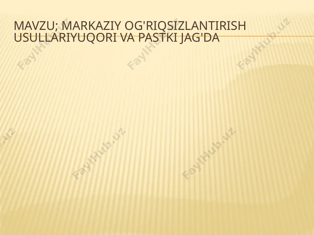 ирилади ( тиш даволаш максадида). 4. игна киритилганидан сўнгги ҳолат 5-6. муолажа альвеоляр ўсиқнинг бир неча тиш оралиғида бажариладиган бўлса, юкори лабни чап кўрсаткич бармоқ билан кўтариб игнани ўтув бурма шиллиқ пардага 40-45 градусда санчилади ва анестетик юборилиб, игна ўтув бурма бўйлаб керакли кўламда киритилиши билан 2-3 мл. анестетик юборилади. 7.танглай шиллиқ пардаси огриқсизлантирилаётганда игна кесиги суякка каратилиб, 40-45° бурчак остида тўқимага киритилади ва 0,5 мл. анестетик юборилади. esda tuting og’riqsizlantrgandan kyn -> yumshoq to’qima operatsiyalar 1-2 mindan kyn boshlanadi ko’p og’riqsizlantirish zarur bo’lsa -> anestetik har 10 ml ga - 2-3 tomchi adrenalin eritmasi qo’shiladi intraligamental peridontal og’riqsizlantirish hozir kop qollaniladi . anestetik periodont to’qimaga bosim bn kiritiladi. bajarilishi- karpula shprist va anestetik va kalta igna bn bajariladi anesteziya boshlashdan oldin tish atrofi antiseptik ishlov beriladi va toshlar tozalanadi aplikatsiya usul- milk tish cho’ntak og’riqsizlantiriladi 3. карпулали шприц игнаси тиш марказидан ўтказилган шартли ўқига нисбатан 30° градус қияликда, игна …