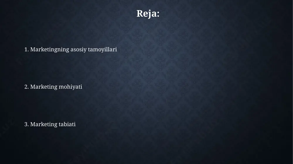 o'rtasidagi muhim farq 20% strategiya va 80% taktika bo'lib, bu aniq va o'z vaqtida bajarilishiga bog'liq. zamonaviy marketing tendentsiyalari mijozlarning shaxsiylashtirilgan tajribalarga bo'lgan talabi oshgani sababli, 2024-yilga kelib, ma'lumotlar tahlili va mashinani o'rgatish orqali 70% dan ortiq kompaniyalar amerika qo'shma shtatlari bozorida individual marketing strategiyasini qo'llaydi. davomiy rivojlanayotgan ekotizimga moslashish maqsadida, yevropa ittifoqi hududida 2025-yilga qadar kamida 30% kompaniyalar ekologik toza va ijtimoiy javobgar marketing kampaniyalariga o'tishni rejalashtirmoqda. marketing mohiyati nima? самарали маркетинг стратегияси бозор таҳлили ва 3та асосий сегментга бўлинишни ўз ичига олади, бу эса россия ва қозоғистон бозорларига чиқиш имкониятини яратади. маркетинг моҳияти 21-асрдаги рақобатли бозорда 100тадан ортиқ бренднинг ўз маҳсулотларини етказиш учун курашида, мижозларнинг эҳтиёжларини аниқ билиш ва қондиришда мужассам. e'tiboringiz uchun rahmat @taqdimot_robot image2.jpg image3.jpg image4.jpg image5.jpg image6.jpg image7.jpg image8.jpg