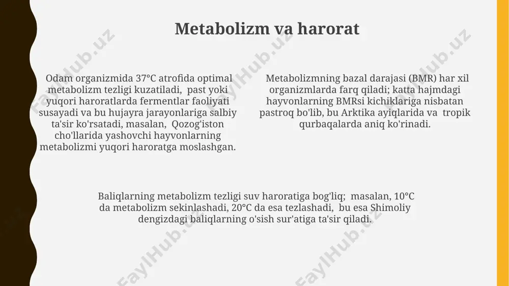 mentlar, 40°c dan yuqori haroratlarda denaturasiyalanib, faoliyatini yo'qotadi, bu esa metabolik jarayonlarning buzilishiga olib kelishi mumkin. ekologik omil sifatida harorat arktika mintaqalarida, -30°c atrofidagi haroratlarda yashovchi qutb ayiqlarining qalin yog' qatlami va issiqlik izolyatsiyasi muhim ekologik moslashuv hisoblanadi. amazon o'rmonlarida, o'rtacha 25°c haroratda yashovchi o'simliklarning fotosintez jarayoni va metabolizm tezligi haroratga bog'liq ravishda o'zgaradi. o'rta osiyo cho'llarida 40°c dan yuqori haroratda yashovchi ba'zi sudralib yuruvchilar, masalan, qum iloni, termoregulyatsiya mexanizmlari yordamida omon qoladi. harorat va hayvonlarning tarqalishi arktika va antarktida kabi sovuq hududlarda yashovchi qutb ayiqlarining metabolizm tezligi va tana haroratini saqlab qolish qobiliyatlari, atrof-muhit haroratining -40°c gacha pasayishiga moslashgan. himalay tog'laridagi 5000 metr balandlikda yashaydigan qushlarning turlari, 0°c dan yuqori harorat oralig'ida ko'payishi va o'sishi uchun maxsus fiziologik moslashuvlarga ega. haroratning o'zgarishi 20-30°c oralig'ida yashaydigan cho'l kemiruvchilarining, masalan, turkmaniston cho'llaridagi qum sichqonlarining geografik tarqalishiga sezilarli ta'sir ko'rsatadi. organizm haroratini saqlash mexanizmlari qon aylanish tizimi, 37°c atrofida tana haroratini saqlashda …