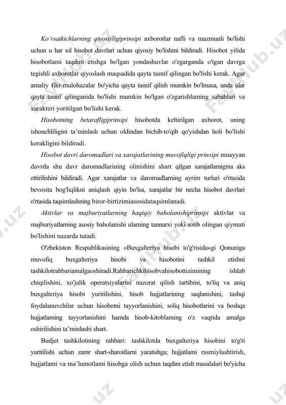 z vaqtida amalga oshirilishini ta’minlashi shart. budjet tashkilotining rahbari: tashkilotda buxgalteriya hisobini to'g'ri yuritilishi uchun zamr shart-sharoitlarni yaratishga; hujjatlami rasmiylashtirish, hujjatlami va ma’lumotlami hisobga olish uchun taqdim etish masalalari bo'yicha bosh buxgalteming talablarini hisobga aloqasi bo'lgan tashkilotning barcha tarkibiy bo'linmalari va xodimlari tomonidan bajarilishini ta’minlashga mas’uldir. budjet tashkiloti rahbari mazkur tashkilotda hujjatlarni imzolash huquqiga ega bo'lgan shaxslaming ikkita ro'yxatini tasdiqlaydi. birinchi ro'yxatga-rahbarlik vazifalarini amalga oshiruvchi shaxslar, ikkinchisiga-buxgalteriya hisobi va moliyaviy boshqarish vazifalarini amalgaoshiruvchi shaxslar kiradi.buro'yxatlardako‘rsatilganmansabdor shaxslaming har qaysisiga qanday hujjatlarga imzo chekishga huquq berilganligi ham aniqlab qo'yiladi. yuqorida ko'rsatilgan shaxslaming imzosi bo'lmagan hujjatlar haqiqiy hisoblanmaydi. budjet tashkilotlarida buxgalteriya hisobi o'zbekiston respublikasi moliya vazirligining me’yoriy hujjatlarida belgilangan yagona uslubiyatni qo'llab yagona tizim bo'yicha tashkil qilinadi. budjet va budjetdan tashqari mablag'lar bo'yicha xarajatlar smetalarining ijrosi buxgalteriya hisobini ikki yoqlama yozish tizimi bo'yicha olib boriladi. budjet tashkilotlarining katta-kichikligi, xarajatlar smetalarining hajmi, operatsiyalar soni va ma’lumotlarni ishlash vositalaridan foydalanilishiga qarab hisobning turli shakllari (memorial-order, …