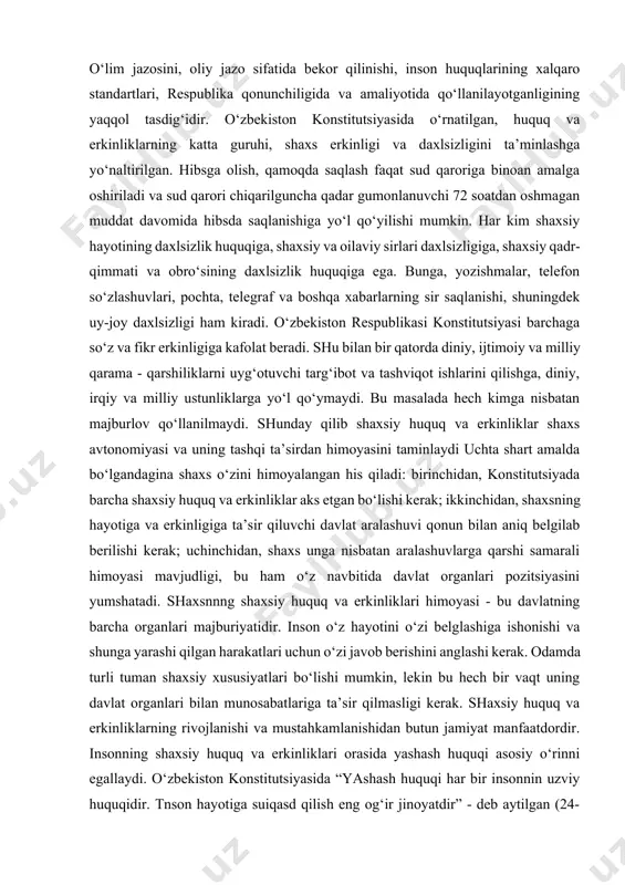 ijtimoiy va milliy qarama - qarshiliklarni uyg‘otuvchi targ‘ibot va tashviqot ishlarini qilishga, diniy, irqiy va milliy ustunliklarga yo‘l qo‘ymaydi. bu masalada hech kimga nisbatan majburlov qo‘llanilmaydi. shunday qilib shaxsiy huquq va erkinliklar shaxs avtonomiyasi va uning tashqi ta’sirdan himoyasini taminlaydi uchta shart amalda bo‘lgandagina shaxs o‘zini himoyalangan his qiladi: birinchidan, konstitutsiyada barcha shaxsiy huquq va erkinliklar aks etgan bo‘lishi kerak; ikkinchidan, shaxsning hayotiga va erkinligiga ta’sir qiluvchi davlat aralashuvi qonun bilan aniq belgilab berilishi kerak; uchinchidan, shaxs unga nisbatan aralashuvlarga qarshi samarali himoyasi mavjudligi, bu ham o‘z navbitida davlat organlari pozitsiyasini yumshatadi. shaxsnnng shaxsiy huquq va erkinliklari himoyasi - bu davlatning barcha organlari majburiyatidir. inson o‘z hayotini o‘zi belglashiga ishonishi va shunga yarashi qilgan harakatlari uchun o‘zi javob berishini anglashi kerak. odamda turli tuman shaxsiy xususiyatlari bo‘lishi mumkin, lekin bu hech bir vaqt uning davlat organlari bilan munosabatlariga ta’sir qilmasligi kerak. shaxsiy huquq va erkinliklarning rivojlanishi va mustahkamlanishidan butun jamiyat …