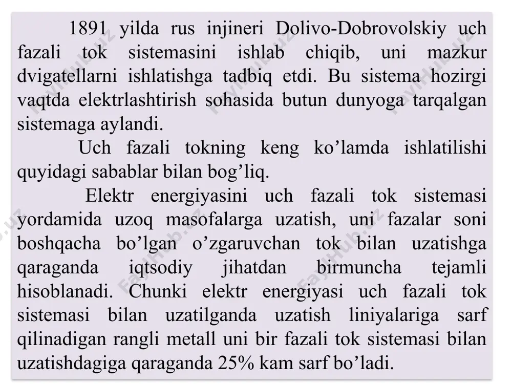 rlashtiruvchi simlar liniya simlari deyiladi. аna shu simlardan oʼtadiga toklar liniya toklari deyiladi va ular il deb belgilanadi. manba va isteʼmolchining bir nomli fazalaridan oʼtadigan toklar faza toklari deyiladi va ular if deb belgilanadi. yulduz usuli bilan belgilashda manba va isteʼmolchining bir nomli fazalari ketma-ket ulangani uchun liniya va faza toklari oʼzaro teng boʼladi. ixtiyoriy liniya simi (manba yoki isteʼmolchining bosh uchi) bilan nolinchi sim (nolinchi nuqta) orasidagi kuchlanish faza kuchlanishi deyiladi va ular tegishlicha (yoki ) tarzda belgilanadi. istalgan ikkita liniya simi (yoki manba bilan isteʼmolchining istalgan ikkita bosh uchlari) orasidagi kuchlanish liniya kuchlanishi deyiladi. ularni (yoki ) tarzda yozish qabul qilingan. isteʼmolchining faza qarshiliklari uch fazali manbaning (yoki tarmoqning) faza kuchlanishiga ulansa, u holda isteʼmolchining har bir fazadagi tok va quvvat koeffitsienti quyidagi formulalar yordamida aniqlanadi: uch fazali eyuk, kuchlanish va toklarning shartli musbat yoʼnalishi 2-rasmdagi sxemada koʼrsatilgandek qabul qilinadi. ushbu rasmda tokning musbat yoʼnalishi qilib generatordan isteʼmolchiga …