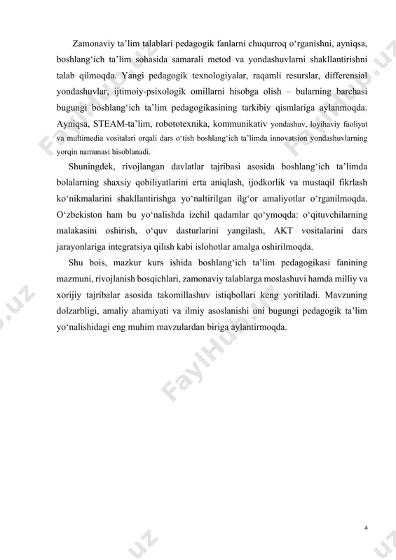 iy yondashuv va boshqalar. bu tushunchalar fan sifatida boshlang‘ich ta’lim pedagogikasining mohiyatini belgilaydi. ushbu fan boshqa ijtimoiy fanlar – psixologiya, sotsiologiya, falsafa, didaktika, metodika bilan uzviy bog‘liq holda shakllanadi va amaliyotda ularning yutuqlaridan foydalanadi. ayniqsa, bolalar psixologiyasi bilan integratsiyalashgan holda, boshlang‘ich sinf o‘quvchilarining yosh xususiyatlariga mos ta’lim metodlarini ishlab chiqishga xizmat qiladi. boshlang‘ich ta’lim pedagogikasi fanining shakllanishi uzoq tarixiy jarayon orqali rivojlangan. u dastlab umumiy pedagogika fanining bir bo‘lagi sifatida qaralgan bo‘lsa, hozirgi kunda mustaqil fan sifatida rivojlanib, o‘ziga xos predmet va obyektga ega. mazkur fan boshlang‘ich sinf o‘qituvchilari uchun zarur bo‘lgan kasbiy-pedagogik tayyorgarlikni shakllantirishda muhim ahamiyat kasb etadi. o‘qituvchining bilim darajasi, pedagogik mahorati va tarbiyaviy yondashuvi aynan shu fan orqali chuqurlashadi. bugungi kunda boshlang‘ich ta’lim pedagogikasi zamonaviy pedagogik texnologiyalar, interfaol metodlar, steam-ta’lim, axborot-kommunikatsiya texnologiyalari va media vositalar bilan boyib bormoqda. bu jarayon ta’lim sifatini oshirishga, o‘quvchining o‘zlashtirish darajasini ko‘tarishga, mustaqil ta’lim olish ko‘nikmasini shakllantirishga xizmat qiladi. boshlang‘ich ta’limda o‘quvchilarga …
