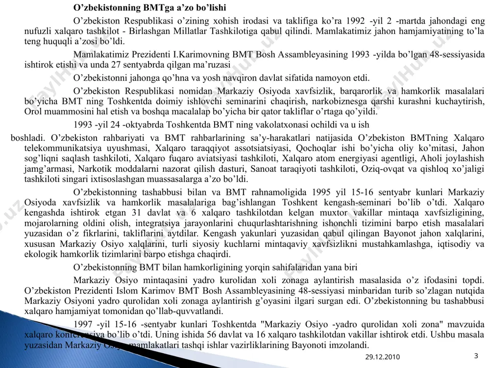 omlangan maxsusrezolyutsiyasini qabul qilish, markaziy osiyoda suv resurslaridan oqilonafoydalanish, orol dengizi qurishi muammosi, qo‘shni mamlakatlar bilan yaxshi qo‘shnichilik munosabatlarini mustahkamlash masalalari, afg‘onistondatinchlikka erishishning ma’rifi y yo‘llari masalalariga alohida to‘xtaldi. yunesko bilan hamkorlik.o’zbekistonning bmt homiyligidagi ta’lim, fan va madaniyat bilan shug’ullanuvchi xalqaro tashkilot – yunesko bilan aloqalari tobora mustahkamlanib bormoqda. 1993 yil 29 oktyabrda yunesko ning parijdagi qarorgohida o’zbekistonni yunesko ga a’zolikka qabul qilish marosimi bo’ldi. o’sha kuni ulug’bek tavalludining 600 yilligini nishonlash yunesko dasturiga kiritildi. 1994 yil oktyabrida parijda ulug’bek haftaligi tantana bilan o’tdi. xiva va buxoro yuneskoning jahon madaniy qadriyatlar ro’yxatiga kiritildi. bu ro’yxatda 411 ta ob’ekt bor. 1994 -yil dekabrda respublikamizda yunesko ishlari bo’yicha o’zbekiston respublikasi milliy komissiyasi tashkil etildi, u idoralararo organ bo’lib, tarkibiga ta’lim, fan, madaniyat va axborot sohasidagi vazirliklar va idoralardan 49 kishi a’zo bo’ldi. yunesko markaziy osiyo taraqqiyotini o’rganish, tiklash va ommalashtirishga katta ahamiyat bermoqda. "ipak yo’li - muloqot yo’li" deb nomlangan yirik tadqiqotda …