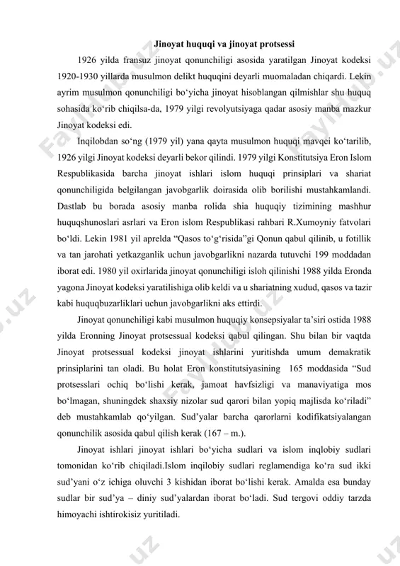 yicha sudlari va islom inqlobiy sudlari tomonidan ko‘rib chiqiladi.islom inqilobiy sudlari reglamendiga ko‘ra sud ikki sud’yani o‘z ichiga oluvchi 3 kishidan iborat bo‘lishi kerak. amalda esa bunday sudlar bir sud’ya – diniy sud’yalardan iborat bo‘ladi. sud tergovi oddiy tarzda himoyachi ishtirokisiz yuritiladi. sudlanuvchi sud chiqargan hukm bo‘yicha shikoyat qilishga haqli emas. lekin oliy sud o‘lim yoki boshqa jazolar berilgan jinoyat ishlari bo‘yicha hukmlarni qonunning qo‘llanilishi darajasini ular kuchga kirgunga qadar tekshirishi kerak. odil sudlov bo‘yicha oliy kengash o‘lim jazosini tasdiqlashi yoki maskur jinoyat ishini uni ko‘rgan sudga qayta ko‘rish uchun qaytarishga haqli. sud tizimi eron konstitsutsiyasining 156 - moddasiga ko‘ra sud hokmiyati mustahkamdir va u islom huquqi normalari asosida amal qiladi. odil sudlov bo‘yicha oliy kengash oliy instansiya bo‘lib u besh yilga vakolatli 5 a’zodan iborat bu kengash tarkibiga oliy sudning bosh sud’yasi va bosh prokuror kiradi. ikkialasi ham shiya mujtahidlari bo‘lishi kerak. boshqa uch a’zo esa musulmon huquqshunoslari tomonidapn …