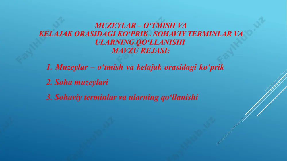 klida, 1968-yili buyuk shoirning 525 yillik yubileyi munosabati bilan muzey tashkil etilgan. u shu choqqacha xalqimizning ko‘p asrlik adabiy merosini jamlash, uni muhofaza qilish, targ‘ib etish va tadqiq qilishda katta ishlarni amalga oshirib kelmoqda. o‘tgan davr davomida muzeyning xv-xx asr adabiyoti tarixini namoyish etuvchi boy ekspozitsiyasi yaratildi. tomoshabinlar ko‘p asrlik boy adabiy tariximizning noyob durdonalari bilan tanishibgina qolmay o‘rta osiyo madaniyati va san'atining badiiy namunalari-kitob, tasviriy san'at, xattotlik, naqqoshlik, musiqa va me'morchilik asarlari bilan ham tanishish imkoniyatiga ega. muzeyda qo‘lyozmalar bilan birgalikda eski bosma kitoblar fondi ham muntazam boyib boryapti. adabiyot muzeyi binosining o‘zi ham noyob arxitektura yodgorligi sifatida diqqat e'tiborni o‘ziga jalb etadi. bino 1933-1936 yillarda qurilgan. muzey xalqaro muzeylar kengashi ikom tashkiloti a’zosidir. geologiya muzeyi toshkentdagi o‘zbekiston geologiya muzeyi — mamlakatdagi yagona geologiya muzeyidir, u geologiya instituti va respublika fanlar akademiyasi bazasida ish olib boradi. muzey 1937-yida tashkil topgan. muzey fondida 6 mingdan ortiq nodir eksponatlar mavjud, ular …