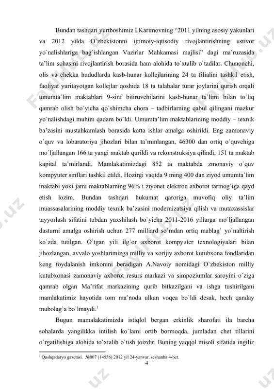 zirgi zamon ingliz va o`zbek tillaridagi sintaktik strukturasi, lingvistik tahlili va sintaksem birikmalarini aniqlashdan iborat. ishning metodi va metodologiyasi. bu ishda, eng avvalo, lingvistik eksperement, komponent, sintaktik tahlil va tranformatsiyani tahlil qilish usullari qo`llaniladi. nazariy tushunchalarni shakllantirishda va umumlashtirishda a.m.muxin, v.v. vinogradov, v.m.buslayev, f.i.buslayev, a.vostokov, a.a.potebil, d.n.kudrlvskiy, r.qiyomov kabi olimlarning fikrlari metodologik asos qilib olindi. ishning yangiligi. lokativ birikmalar shu sohada ish olib borgan olimlarning tadqiqotlariga tayangan holda, komponent va sintaksem nazariya asosi ingliz va o`zbek tilida birinchi marta qiyoslanib o`rganilishi ishning yangiligini belgilaydi. ishning tuzilishi. malakaviy bitiruv ishi kirish, ikki bob, xulosa va adabiyotlar ro`yxatidan iborat. i bob. ingliz va o`zbek tillarida ikkinchi darajali bo`laklar. gap bo`laklari, ularning tipologiyasi va kriteriysi eng dolzarb masala bo`lib, bu sohada boy ilmiy manbalar yaratilgan. gap bo`lagi tushunchasini to`g`ri belgilanmaganligi tilshunoslikda ko`pgina formal hodisalarni – gap bilan grammatik aloqaga kirishmaydigan, gapning uzviy va struktural qismi bo`la olmaydigan kirish so`z va undalmalarni gap bo`lagi …