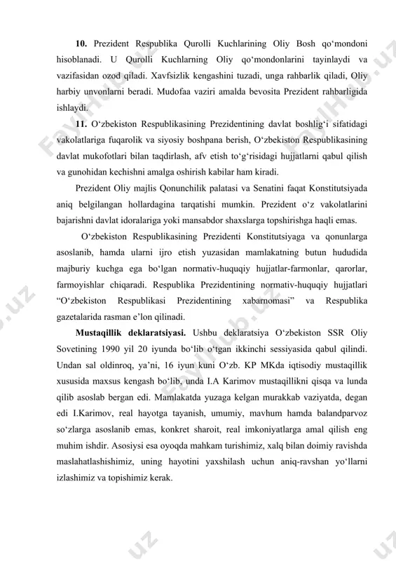 nda bo‘lib o‘tgan ikkinchi sessiyasida qabul qilindi. undan sal oldinroq, ya’ni, 16 iyun kuni o‘zb. kp mkda iqtisodiy mustaqillik xususida maxsus kengash bo‘lib, unda i.a karimov mustaqillikni qisqa va lunda qilib asoslab bergan edi. mamlakatda yuzaga kelgan murakkab vaziyatda, degan edi i.karimov, real hayotga tayanish, umumiy, mavhum hamda balandparvoz so‘zlarga asoslanib emas, konkret sharoit, real imkoniyatlarga amal qilish eng muhim ishdir. asosiysi esa oyoqda mahkam turishimiz, xalq bilan doimiy ravishda maslahatlashishimiz, uning hayotini yaxshilash uchun aniq-ravshan yo‘llarni izlashimiz va topishimiz kerak. biz uchun asosiy yo‘nalish, barcha vazifalarni hal etish kaliti – o‘zbekistonning real siyosiy suvereniteti va iqtisodiy mustaqilligini ta’minlashdir. mustaqillik respublikaga o‘z xalqining faravonligini yaxshilashdek hayotiy muhim masalalarni hal etish, vujudga keltirilgan imkoniyatlar va resurslarni to‘laligicha mustaqil ravishda rejalashtirish va ulardan foydalanish hamda o‘z xalqining farovonligi yo‘lida va o‘zaro foydali negizda markaz bilan, boshqa respublikalar va xorijiy mamlakatlar bilan o‘z munosabatlarini mustaqil o‘rnatish imkoni beradi. mustaqillik deklaratsiyasi. o‘zbekiston sovet sotsialistik …
