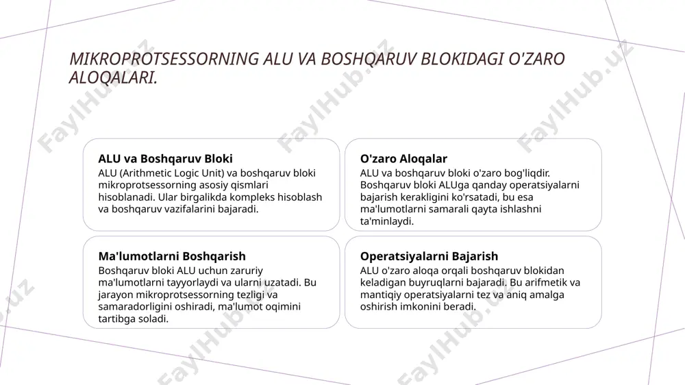 u boshqaruv bloki alu bilan o'zaro aloqada bo'lib, hisoblash jarayonlari uchun zaruriy buyruqlarni taqdim etadi va natijalarni boshqaradi. 3 registrlar bilan munosabat boshqaruv bloki registrlar bilan bog'lanib, ma'lumotlarni saqlash va qayta ishlash jarayonlarini muvofiqlashtiradi, bu esa samarali hisoblashni ta'minlaydi. xulosa 1 mikroprotsessorning ahamiyati mikroprotsessorlar zamonaviy elektronika va hisoblash tizimlarining asosini tashkil etadi, ularning ishlashi barcha qurilmalar uchun muhimdir. 2 alu va boshqaruv bloki alu va boshqaruv bloki mikroprotsessorning asosiy komponentlari bo'lib, ular birgalikda ma'lumotlarni qayta ishlash jarayonlarini boshqaradi va optimallashtiradi. 3 registrlar va ularning roli registrlar ma'lumotlarni tez saqlash va uzatishda muhim rol o'ynaydi, bu esa mikroprotsessorning umumiy samaradorligini oshiradi va tezligini ta'minlaydi. e'tiboringiz uchun rahmat! /docprops/thumbnail.jpeg