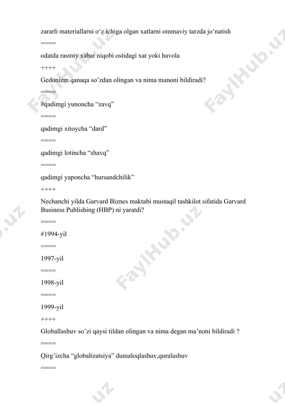 qidiruv tizimlari mavjud ? ==== #yahoo, google, ref.uz ==== word,exzel ==== telegram,instagram ==== office,payme ==== apelsin,facebook ++++ google ma’lumotlarni qidiruv tizimi nechanchi yildan ish faoliyatini boshlagan? ==== #1998-yil sentyabr oyidan ==== 1920-yil sentyabr oyidan ==== 1918-yil sentyabr oyidan ==== 1999-yil sentyabr oyidan ++++ «axborot savodxonligi» tushunchasini birinchi marta kim tomonidan axborot resurslaridan to’g’ri foydalana olgan insonga nisbatan ishlatgan? ==== xix asrning 70-yillarida ==== xxi asrning 70-yillarida ==== #xx asrning 70-yillarida ==== xii asrning 90-yillarida ++++ 2002 yilda ifla bosh konferensiyasi va kengashining 68-sessiyasida axborot savodxonligi bo’limi tashkil etilishi e’lon qilindi, uning asosiy vazifasi etrib nimalar belgilandi ? ==== # turli kutubxonalar va mamlakatlarda rivojlangan axborot savodxonligi standartlarini aniqlash va xalqaro axborot savodxonligini yaratish ==== aloqa kompetensiyasi darajasini oshirishga intilish ==== o’qish va axborotni idrok etish madaniyati ==== o’z faoliyati natijalarini, shu jumladan maqsadli auditoriyaning tayyorgarlik darajasini hisobga olgan holda aniq va aniq taqdim etish qobiliyati ++++ axborot madaniyatini amalga oshirishning …