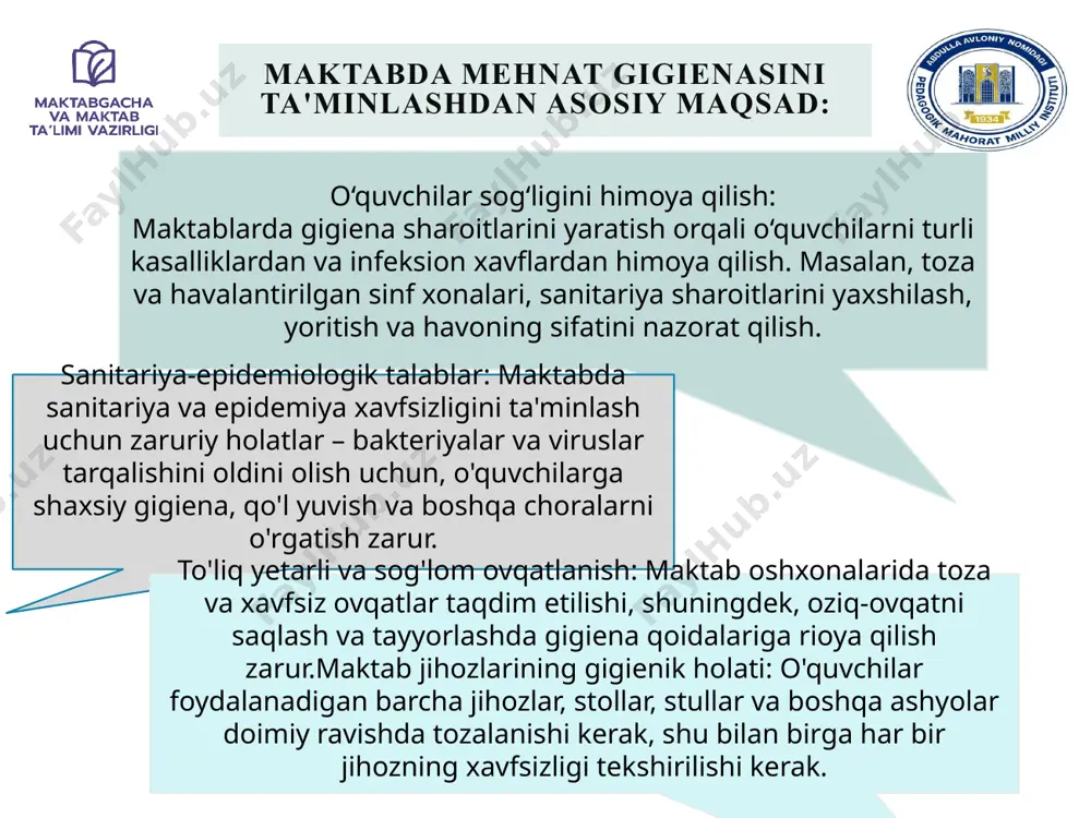 ijiy tajribalar: buyuk britaniya maktabda toza muhit yaratish: buyuk britaniyada maktablarda gigiena va sanitariya xizmati alohida diqqatga sazovor. sinf xonalarining tozalanishi va maktabning umumiy sanitariya holati doimiy ravishda nazorat qilinadi. o'qituvchilarga gigiena bo'yicha treninglar: o'qituvchilarga va maktab xodimlariga gigiena qoidalari, mehnat xavfsizligi va salomatlikni saqlash bo'yicha muntazam treninglar o'tkaziladi. maktabda psixologik qo'llab-quvvatlash: o'quvchilarning ruhiy salomatligini ta'minlash maqsadida, buyuk britaniyada psixologik xizmatlar taqdim etiladi, bu o'quvchilarga stressni boshqarishga va salomatlikni saqlashga yordam beradi. xorijiy tajribalar: avstraliya gigiena va kasalliklarni oldini olish: avstraliyaning ayrim mintaqalarida maktablarda kasalliklarning tarqalishini oldini olish maqsadida, masalan, gripp va boshqa infektsiyalar uchun muntazam vaksina kampaniyalari o'tkaziladi. bundan tashqari, o'quvchilarga gigiena va sog'lom turmush tarziga oid maxsus darslar tashkil etiladi. toza va xavfsiz muhit yaratish: avstraliyaning ko'plab maktablarida o'quvchilar va o'qituvchilar uchun xavfsiz mebel va asbob-uskunalar mavjud. maktabda jismoniy tarbiya darslarida xavfsiz va ergonomik jihozlardan foydalaniladi. o'quvchilarning salomatligini monitoring qilish: o'quvchilarning salomatligini kuzatish uchun sog'liqni saqlash bo'yicha muntazam …