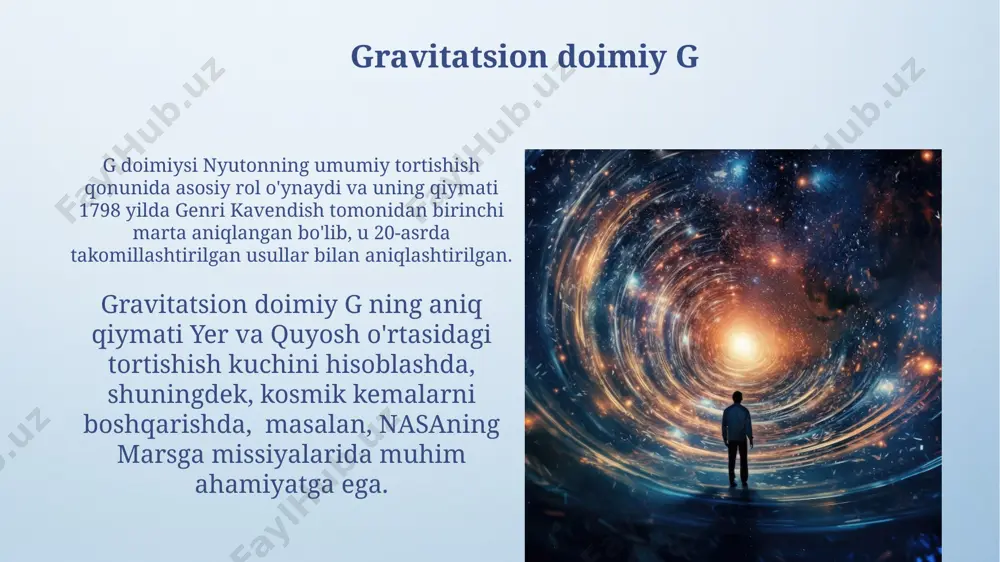 erda g – tortishish doimiysi (6.674 × 10⁻¹¹ n⋅m²/kg²), m1 va m2 – ikki jismning massalari, r esa ular orasidagi masofa hisoblanadi. bu nyuton tomonidan 17-asrda kashf etilgan. e'tiboringiz uchun rahmat @taqdimot_robot image4.png image5.jpg image6.jpg image7.jpg image8.jpg image9.jpg image10.jpg image11.jpg image12.jpg image13.jpg image3.jpeg