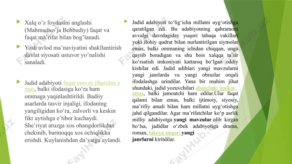 ha: realizm — voqelikni, mavjud borliqni badiiy adabiyot va sanʼat (tasviriy sanʼat, teatr, musiqa va boshqalar)ning ifoda vositalari orqali oʻziga oʻxshash shakllarda haqqoniy aks ettirish. adabiyot da r. — hayotni voqelikdagi voqea va hodisalarga muvofiq ravishda obrazlar orqali aks ettirish metodi. r. adabiyotning oʻzini va tashqi olamni bilish vositasi sifatidagi ahamiyatidan kelib chiqqan holda voqelikni barcha ziddiyatlari bilan qamrab olishga intiladi, yozuvchiga hayotning barcha tomonlarini cheklanmagan holda aks ettirish imkoniyatini beradi. r. metodiga asoslangan adabiyotda hayot haqiqatini tasvirlash tamoyili ustuvor ahamiyatga ega. binobarin, r. adabiyoti jahon adabiyoti taraqqiyotidagi eng yuksak bosqich hisoblanadi. milliy uyg`onish o`zbek adabiyotida realizm bosqichi 1916 1930 oʻzbek adabiyotida hayotni realistik tasvir etish mayllari garchand navoiy, bobur va boshqa yozuvchilar ijodida koʻringan boʻlsada, bu mayllar turdi, maxmur, gulxaniy, keyinchalik muqimiy, furqat, zavqiy, avaz singari shoirlar ijodining asosiy yoʻnalishini tashkil eta boshladi. ayniqsa, milliy uygʻonish davri oʻzbek adabiyoti namoyandalari m. behbudiy ("padarkush"), fitrat ("munozara", "hind sayyohi bayonoti", 1917—1920-y.lar …