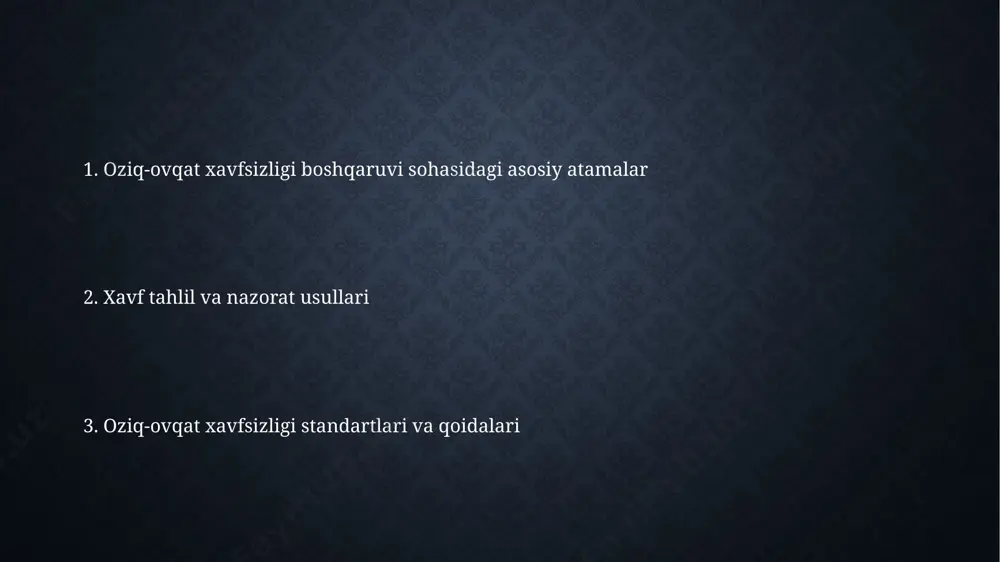 kimyoviy usullar qo'llanilgan. xom ashyo va materiallarni boshqarish xom ashyo va materiallarni boshqarish tizimi, 5s printsiplariga asoslanib, 100 dan ortiq mahsulot turi uchun samarqand viloyatidagi zavodda qo'llaniladi va bu mahsulot sifati va xavfsizligini ta'minlaydi. xom ashyo yetkazib beruvchilar bilan shartnomalar, 3 yillik muddatga tuziladi va 20 dan ortiq yetkazib beruvchilar bilan hamkorlikda 1000 tonnadan ortiq xom ashyo yetkazib beriladi toshkent shahriga. kritik nazorat nuqtalari (kku) kku tahlili natijalariga ko'ra, samarqand viloyatida joylashgan 15 ta korxonada tozalash jarayoni bilan bog'liq 2 ta kku aniqlangan bo'lib, ularning bartaraf etilishi mahsulot xavfsizligini sezilarli darajada oshirdi. o'zbekiston respublikasida 2010-yildan beri kku tizimi qo'llanilmoqda va 500 dan ortiq oziq-ovqat ishlab chiqaruvchi korxonalar ushbu tizimdan foydalanib, mahsulot sifati va xavfsizligini yaxshilashga erishgan. ishlab chiqarish jarayonlarini boshqarish ishlab chiqarish jarayonlarini boshqarish, xomashyo yetkazib beruvchilar bilan 5 yillik shartnomalar tuzish orqali, sifat nazorati bo'limi tomonidan 3 bosqichli tekshiruvdan o'tkazilgan 100 dan ortiq xom ashyolarni samarqand viloyatidan yetkazib berilishini …