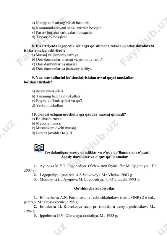 . a.s.volkovoy). m.: vlados. 2003 g. 1. muminova l., ayupova m. logopediya. t.: o’qituvchi 1993 y. qo’shimcha adabiyotlar 1. efimenkova a.n. formirovanie rechi shkolnikov: (deti s onr) 2-e izd., pererab. m.: prosveshenie, 1985 g. 1. ermakova i.i. korrektsiya rechi pri rinolalii u detey i podrostkov. m., 1984 g. 1. ippolitova g.v. otkrыtaya rinolaliya. m., 1983 g. 1. kashe g.a. podgotovka k shkole detey s nedorazvitiem rechi. posobie dlya logopedov. m.: prosveshenie, 1986 g. 1. fomicheva t.b., chirkina g.v. logopedicheskaya rabota v spetsialnom detskom sadu. m.: prosveshenie, 1987 g. 1. xrestomatiya po logopedii. vlados.: m.: 1997 g. 1 tom. 1. xrestomatiya po logopedii. vlados.:m.: 1997 g. 2 tom. 1. shomaxmudova r.sh., mo’minova l.r. bolalar nutqidagi nuqsonlar va ularni bartaraf etish. o’qituvchi. t.: 1993 y. image1.wmf image2.wmf