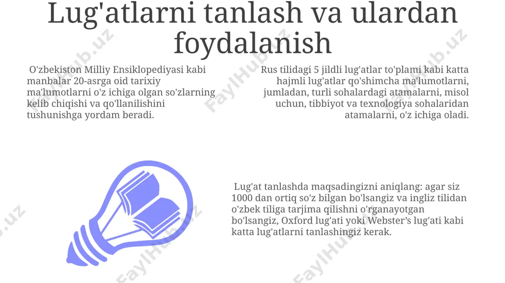 samarqand va buxoroda, mahalliy lahja va dialektlarni aks ettiruvchi 2-3 ta ikki tilli lug'at varianti mavjud bo'lishi mumkin. ko'p tilli lug'atlar jahon bo'ylab, shu jumladan, germaniya va yaponiya kabi mamlakatlarda chop etilgan ko'p tilli lug'atlar, tarjimonlar va tilshunoslar uchun muhim vosita hisoblanadi. ko'p tilli lug'atlar, masalan, o'zbekiston milliy ensiklopediyasi kabi nashrlar, 5 dan ortiq tilni, jumladan, rus, ingliz va fransuz tillarini o'z ichiga olishi mumkin. ba'zi ko'p tilli lug'atlar 10 000 dan ortiq so'z va iboralarni, turli sohalarga oid atamalarni, masalan, tibbiyot va texnologiya sohalaridan misollarni taqdim etadi. e'tiboringiz uchun rahmat @taqdimot_robot image1.jpeg image2.jpeg image3.jpeg