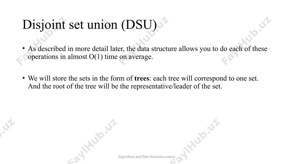 n (dsu) algorithms and data structures course however this implementation is inefficient. it is easy to construct an example, so that the trees degenerate into long chains. in that case each call can take time. this is far away from the complexity that we want to have (nearly constant time). therefore we will consider two optimizations that will allow to significantly accelerate the work. disjoint set union (dsu) path compression optimization algorithms and data structures course this optimization is designed for speeding up . if we call for some vertex , we actually find the representative for all vertices that we visit on the path between and the actual representative . the trick is to make the paths for all those nodes shorter, by setting the parent of each visited vertex directly to . disjoint set union (dsu) path compression optimization algorithms and data structures course you can see the …