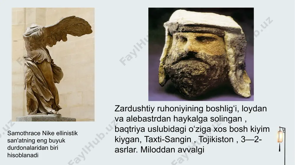 ek, amaliy san’ati majmusidan kumushdan yasalgan ayrim afsonaviy havonlar tasviri, karnizida 12 olimp ma’budi chizilgan ritonlar, yunon ma’budlari tushirilgan muhrlar topilgan niso ma’budasi va rodoguna baqtriyaning antik davri shaharlarini tadrijiy jihatan bir necha guruhga bo‘lish mukin. birinchi guruh shaharlari mil. avv. i ming yillikning o‘rtalarida shakllanib, ellinlar davrida ham faoliyat yuritgan (talashkontepa ii, jondavlattepa, hayitobodtepa, qal’ayi mir). ikkinchi guruh shaharlar yunon-baqtriya davrida shakllangan (eski termiz, dalvarzintepa, kampirtepa-kofirqal’a, keykabodshoh, saksanoxur), uchinchi guruh shaharlar kushonlar davrida (zartepa, budrach, garovqal’a, shaxtepa) vujudga kelib, faoliyat yuritgan tojikiston respublikasi hududida ham baqtriyaning antik davriga oid bir nechta qadimgi shahar xarobalari saqlanib qolgan. keykobodshoh manzilgohi qadimgi shaharlardan birining mustahkam mudofaa devori bilan o‘rab olingan. shaharga yunonbaqtriya podsholigi davrida asos solingan sho‘rchi tumani hududida joylashgan dalvarzintepa shimoliy baqtriyaning antik davriga oid yirik manzilgohi. dalvarzintepa aylana shaklli ark (3,2 ga), to‘g‘ri to‘rtburchak shahriston (maydoni 32,5 ga) va shahar atrofi qismlaridan tashkil topgan. dalvarzintepa manzilgohmil. avv.iii asrning o’rtalarida shakllangan. …