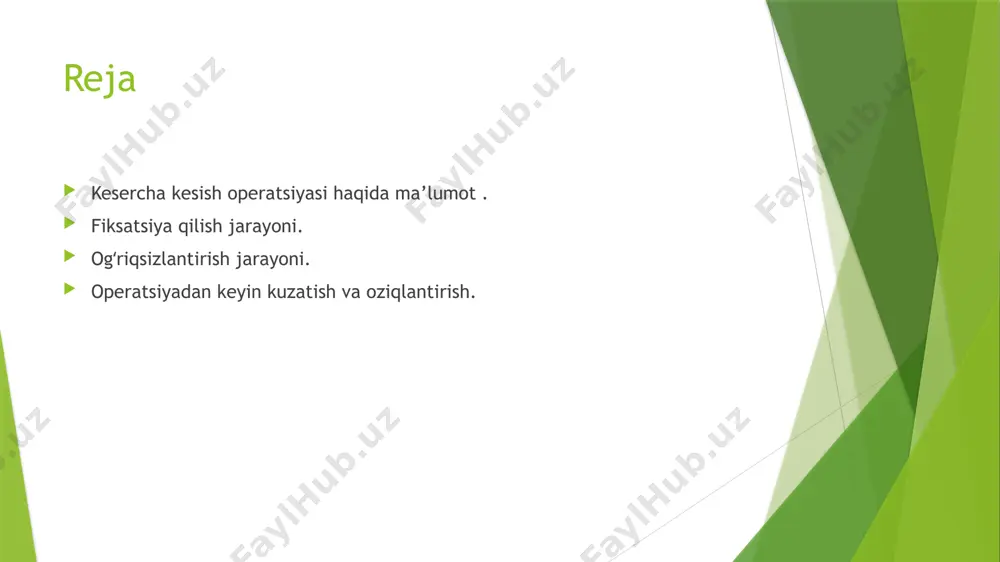 eratsiyani fiksatsiya qilish jarayoni. fiksatsiya. operatsiyani tik turgan va yotgan hayvonda bajarishmumkin. tik turgan holatda fiksatsiya qilinishi bir nechta avzalligi bor:bachadonga operatsiya yo‘lini ochish osonlashadi, homilani chiqarishyengil, yo‘ldoshini olish va qon oqayotgan tomirlami bog‘-lash, xirurg va uni yordamchilariga ishlash osonligi va bachadon va qorin devori orasida yopishishmaslikni va dabba hosil bo‘lishini oldini oladi. bu usul bilan fiksatsiya qilish faqat sog‘ligi qoniqarli bo’lgan otlarda olib borilishi kerak, homilani o‘lchamlari normal holatdbo’lsa bundan tashqarimumifikatsiya va maseratsiyaga uchragan bo‘lsa. boshqa og‘ir holatlarda hayvon yonboshga yotgan holatda fiksatsiya qilinadi. og‘riqsizlantirish jarayoni. og'riqsizlantirish. paralyumbal anesteziya, mosin bo‘yicha plevrausti novokain blokadasi, muskul orasiga neyroleptiklar( rampun,rometar,ksilanit).hayvoni tik turgan holatida operatsiya qilish texnikasi. kesim chaptarafdan yonbosh chov qismida olib boriladi. uni maklokdan 12 - 15 smpastrog‘idan boshlaydi qorini tashqi qiyshiq muskuli tolalariga yo'nalishikindik tomonga. kesimning uzunligi 40 - 45 sm. bunday operatsiyayondashishida bachadan shoxini eventeratsiya qilish osonlashadi,ichaklaming chiqishi oldi olinadi, jarohatni choklash osonlashadi.laporotomiya qilingandan keyin charvi oldiga suriladi …