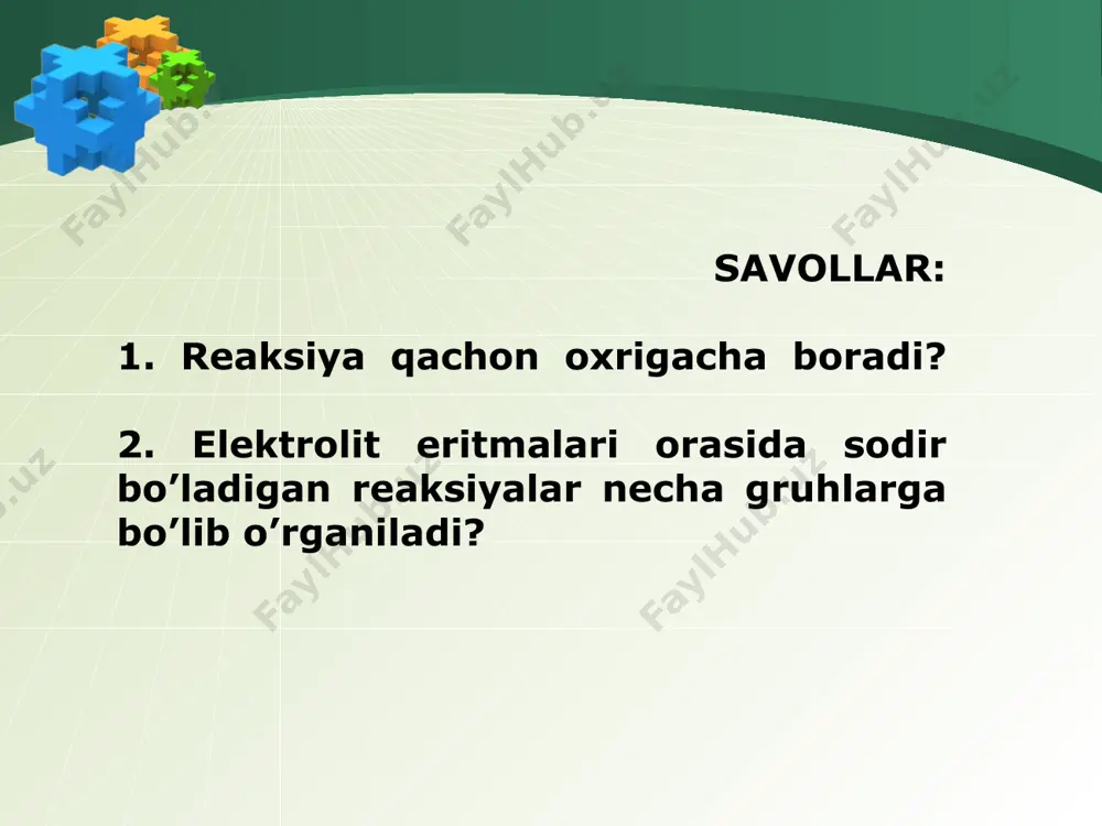 uhlar tomonidan indikator qog’ozidan foydalanib eritma muhitni amaliy bajarib ko’rish. kuchli asos bilan kuchli kislota hosil bo’lgan tuz.(neytral) i – guruh: kno3 kuchli asosdan bilan kuchsiz kislotadan hosil bo’lgan tuz.(ishqoriy) ii – guruh: na2co3 kuchsiz asos bilan kuchli kislotadan hosil bo’lgan tuz. (kislotali) iii – guruh: alcl3 mavzuni mustahkamlash uchun misollar. uyga vazifa 113-betdagi 3-4 –misolni ishlab, o'tilgan mavzuga tayyorlanib kelish. 308-maktab kimyo fani o’qituvchisi m.f. rahimova