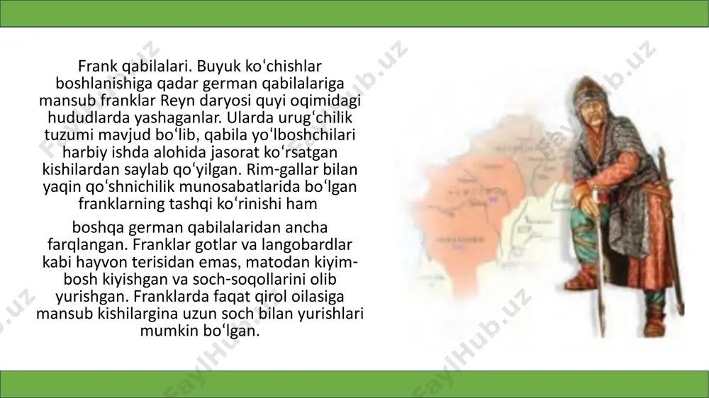 da asosiy ishchi kuchi qullar va kolonlar bo‘lib qolavergan. dastlabki paytda franklar gallardan alohida yashaganlar. luara daryosidan shimoldagi german qabilalari esa yana uzoq yillar urug‘ jamoa bo‘lib yashashda davom etganlar. mamlakat janubidagi gallar esa son jihatidan german qabilalaridan ham ko‘proq bo‘lgan. davlat hokimiyatini mustahkamlash maqsadida õlodvigning vorislari boshqaruvi paytida qirollar – alohida õizmatlari evaziga jangchilar va yaqin hamkorlariga yirik yer-mulk – benefitsiylar taqdim etganlar. shu tariqa qirol va uning jangchilari, ruhoniylar, qirol saroyiga yaqin rim-gall zodagonlari, quldorlardan yangi yirik yer egalari – feodallar toifasi vujudga kelgan. ularning yerlarida vi asr oõiridan boshlab qullar, kolonlardan tashqari o‘z erkinligini yo‘qotgan franklar ham ishlaganlar. natijada, yangi jamiyatning feodallar va qaram dehqonlar kabi asosiy toifalari yuzaga kelgan. davlatning paydo bo‘lishi. shimoliy galliyada tashkil topgan frank qirolligi õlodvigning vorislari davrida bur­gundiya va provansni bosib oladi. franklar germanlarning tyuring, alemann, bavar qabilalarini ham bo‘ysundirib, ularni har yili o‘lpon to‘lashga majbur etadilar. qirollar hokimiyati kuchayib borishi natijasida …