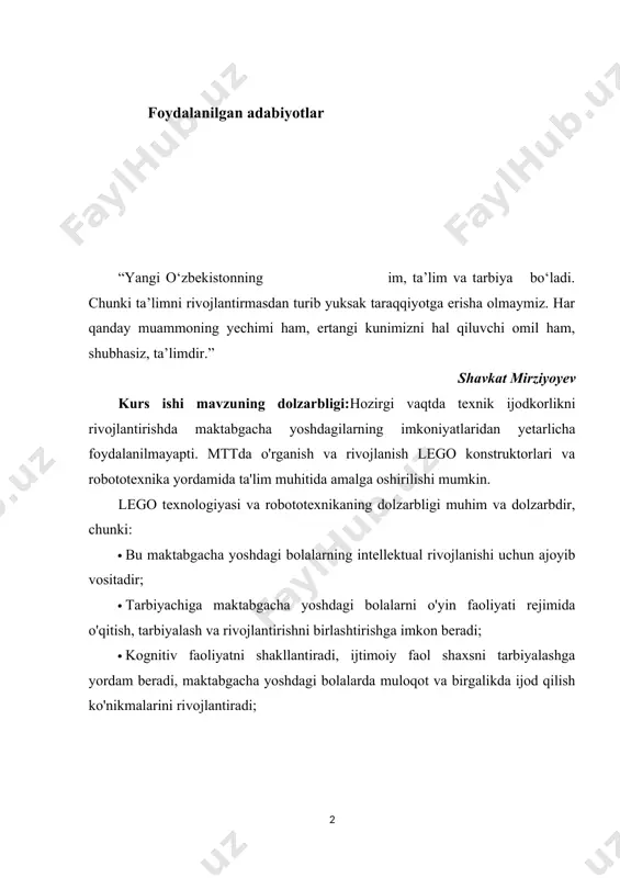 onaviy texnologiyalarni qo’llash texnikasini o’rganish. kurs ishi vazifalari: 1. maktabgacha ta’lim tashkilotida tarbiyalanuvchilarning individual intellektual va shaxsiy ehtiyojlarini qondirish uchun boshlang‘ich texnik ijodkorlikni rivojlantirish. 2. mttda o'quv jarayoni va ilmiy-metodik ishlarning sifatini oshirish 3.bolalarning kognitiv faoliyati, tasavvurlari, fantaziyalari va ijodiy tashabbuslari rivojlantirish. 4.ota-onalar va bolalar bilan ishlashning faol shakllarini tashkil etish. kurs ishi kirish,2 bob,2 ta paragraf,xulosa va foydalanilgan adabiyotlar ro’yxatidan iborat. i bob. maktabgacha yoshdagi bolalarning rivojlanishida lego konstruktsiyasining o’ziga xos xususiyatlari. 1.1. maktabgacha yoshdagi bolalarning rivojlanishida lego konstruktsiyasining ahamiyati. lego qurilish texnologiyasi "ertak, fantaziya, o'yin orqali, bolalarning noyob ijodkorligi - bola qalbiga to'g'ri yo'l" v.a. suxomlinskiy . zamonaviy bolalar faol axborotlashtirish, kompyuterlashtirish va robototexnika davrida yashamoqda. texnik yutuqlar inson hayotining barcha jabhalariga tobora ko'proq kirib bormoqda va bolalarda zamonaviy texnologiyalarga qiziqish uyg'otmoqda. lego kompaniyasining ishlanmalari tufayli hozirgi bosqichda bolalarni maktabgacha yoshda ham texnik ob'ektlarning tuzilishi asoslari bilan tanishtirish mumkin. tug'ilgandan boshlab, bolalarda atrofdagi dunyoni o'rganish istagi bor. ma'lumki, …