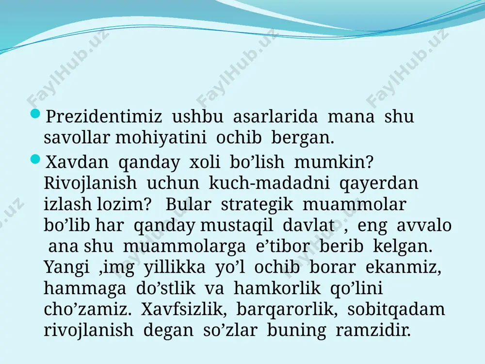 vakillari ham uning yo’ldan ozdiruvchi ta’siriga tushib qoladi. korrupsiya vujudga kelib u eng avvalo uyushgan jinoiy tuzilmalarga madadkor bo’lish yoki to’g’ridan-to’g’ri yordam berish uchun davlat xizmatining imkoniyatlaridan foydalanadi. mahalliychilik va urug’-aymoqchilik munosabatlari mahalliychilik va separatizm keltirib chiqaradigan yana bir tahdid shundan iboratki, mahalliychilik va urug’-aymoqchilikka asoslangan ziddiyatlar mintaqamiz sharoitida millatlararo va etnik mojarolarga aylanib ketishi yoki bunday mojarolarni yuzaga keltirishi mumkin. barcha mintaqalar , barcha etnik va ijtimoiy guruhlarning manfaatlari ortasida muvozanat saqlanishini doimo hisobga olish zarur. barqarorlik shartlari hamda taraqiyot kafolatlari ma’naviy qadriyatlar va milliy o’zlikni anglashning tiklanishi. biz ma’naviy qadriyatlarni tiklashni milliy o’zlikni anglashning o’sishidan, xalqning ma’naviy sarchashmalariga, uning ildizlariga qaytishdan iborat uzviy, tabiiy jarayon deb hisoblaymiz. tarixiy tajriba , an’analarning meros bo’lib o’tishi- bularning barchasi yangidan-yangi avlodlarni tarbiyalaydigan qadriyatlarga aylanib qolmog’i lozim. davlatchilikni shakllantirish va mudofaa qobiliyatini musthkamlash hozirgi vaqtda demokratik siyosiy tizimning eng muhim sub’ekti bo’lmish davlatchilikni isloh qilishda yangi vazifalar ko’ndalang turibdi. bu avvalambor hozirgi …