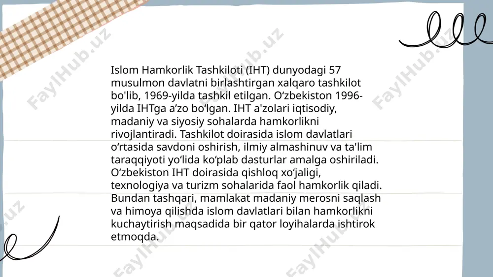 m va madaniyat sohalarida bir qator muhim loyihalar amalga oshirildi. oʻzbekistonning xalqaro tashkilotlar bilan aloqalari yaqubova nodira e'tiboringiz uchun raxmat! image1.png image2.png image3.png image4.png image5.png image6.jpg image7.jpg /docprops/thumbnail.jpeg