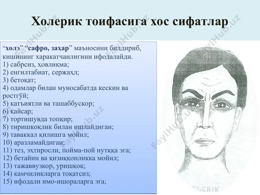 ; 15) ҳаддан ташқари таъсирланувчан ва азобланувчан; темперамент ва мулоқот кўринишлари меланхолик мустақил фикрга эга бўлмаган, ҳимоясиз сангвиник барчанинг кўнглини олувчи, хушмуомала холерик бўйсундирувчи, ўз фикрида қатъий турувчи флегматик босиқ, ижодкор темперамент ва иштаҳа сангвиник холерик флегматик меланхолик яхши, кўпроқ «ширинлик»ка ўч кўп ва тез овқатланади паст ва суст овқатланиш жараёнини қадрлайди, шошилмайди темперамент ва ўзини баҳолаш даражалари ўта юқори, биринчиликка интилувчан, рақиб паст, камтар, эътиборда бўлишни истамайди ўта паст, уятчан, гуруҳда доимо четда бўлади сангвиник холерик флегматик меланхолик барқарор, юқори, муваффақиятлари ҳақида доимо сўзлайди, барчанинг эътиборида бўлишга интилади адабиётлар рўйҳати: ғозиевэ.г. умумий психология. тошкент. 2002.1-2 китоб. психология и педагогика. под редакцией а.а.радугина. изд. “центр” 2003 “психология” уч.т-2. “проспект”. москва - 2004. гамильтон. я.с. “что такое психология”. “питер”, 2002. ананьев б.г. “человек как предмет познания”. “питер”, 2001. дружинина в. “психология “. учебник. “питер”, 2003. бурлачук ф. психодиагностика. “питер”, 2002. интернет тармоғи бўйича веб-сайтлар рўйҳати: 1. www.expert.psychology.ru 2. www.psycho.all.ru 3. www.psychology.net.ru