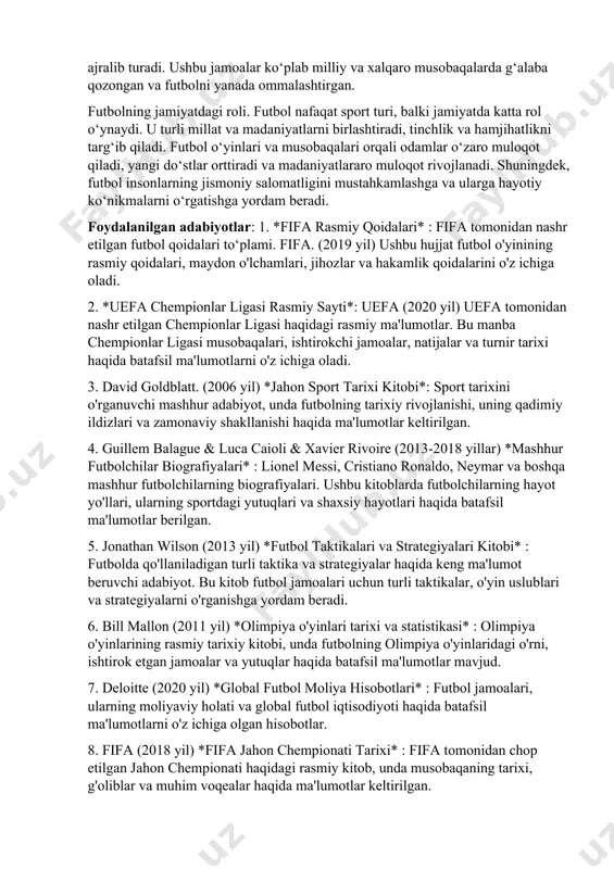 musobaqalari orasida fifa jahon chempionati, uefa chempionlar ligasi, evropa chempionati va olimpiya o‘yinlari mavjud. fifa jahon chempionati to‘rt yilda bir marta o‘tkaziladi va dunyoning eng yaxshi jamoalari ushbu musobaqada qatnashadi. uefa chempionlar ligasi esa yilda bir marta o‘tkazilib, evropaning eng kuchli klub jamoalarini birlashtiradi. bu musobaqalar dunyo miqyosidagi eng nufuzli va tomosha qilinadigan tadbirlar hisoblanadi. mashhur futbolchilar va jamoalar. lionel messi, cristiano ronaldo, neymar, kylian mbappe va boshqa ko‘plab futbolchilar butun dunyoda tanilgan va sevib kuzatiladigan yulduzlardir. ularning ajoyib o‘yinlari va yutuqlari tufayli ular futbol tarixida katta iz qoldirgan. real madrid, barcelona, manchester united, bayern munich va psg kabi jamoalar esa dunyo miqyosidagi muvaffaqiyatlari bilan ajralib turadi. ushbu jamoalar ko‘plab milliy va xalqaro musobaqalarda g‘alaba qozongan va futbolni yanada ommalashtirgan. futbolning jamiyatdagi roli. futbol nafaqat sport turi, balki jamiyatda katta rol o‘ynaydi. u turli millat va madaniyatlarni birlashtiradi, tinchlik va hamjihatlikni targ‘ib qiladi. futbol o‘yinlari va musobaqalari orqali odamlar o‘zaro …