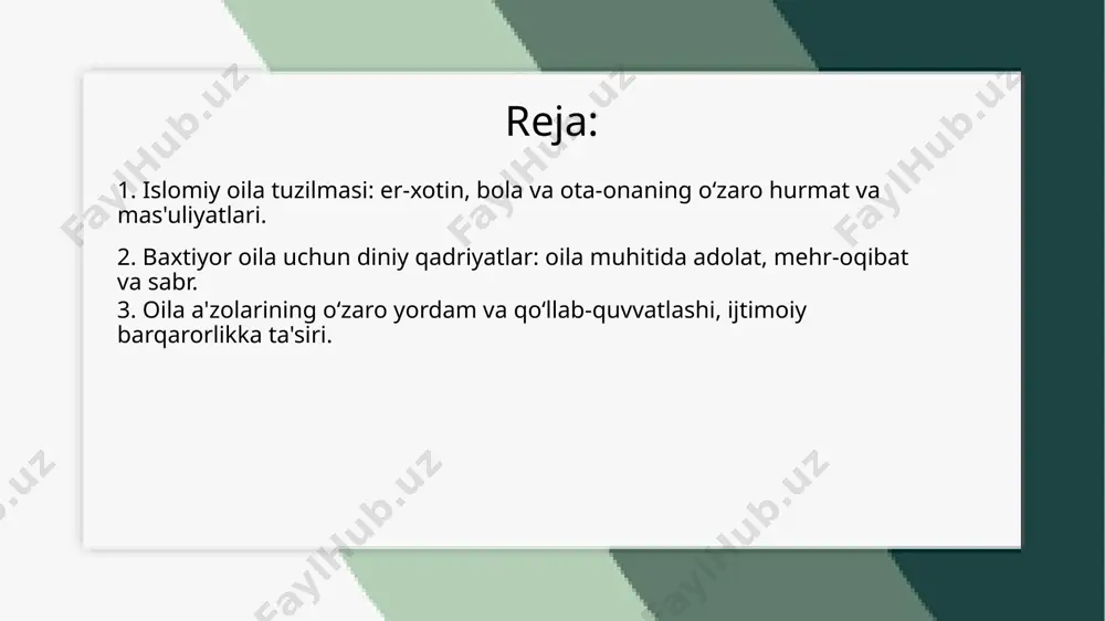 ini va mas'uliyatlarini bilib, bir-biriga adolatli munosabatda bo‘lishi lozim. er va xotin o‘rtasida tenglik va o‘zaro hurmat bo‘lishi, farzandlar uchun adolatli tarbiya berilishi zarur. bu qadriyatlar oila ichidagi muvozanatni saqlashga yordam beradi. mehr-oqibat esa oiladagi aloqalarni mustahkamlash uchun asosiy tamoyil hisoblanadi. islomda er-xotin o‘rtasidagi mehr va muhabbat, oila a'zolarining bir-biriga mehribonligi, oilaning baxti uchun zarurdir. shuningdek, farzandlarga mehr ko‘rsatish, ularni o‘stirishda eng muhim omillardan biridir. bu oila muhitida tinchlik, baxt-saodat va farovonlikni yaratadi. sabr esa oila ichidagi qiyinchiliklarga duch kelganda muhim ahamiyatga ega. islom sabrni oila a'zolariga to‘g‘ri yo‘l ko‘rsatish, jahl va qasaddan saqlanish uchun muhim fazilat deb biladi. oila a'zolari bir-biriga qiyin paytlarda yordam berish, bir-birining mas'uliyatlarini yengillik bilan qabul qilish va sabr bilan muammolarni hal qilishlari kerak. etiboringiz uchun rahmat! image1.png /docprops/thumbnail.jpeg
