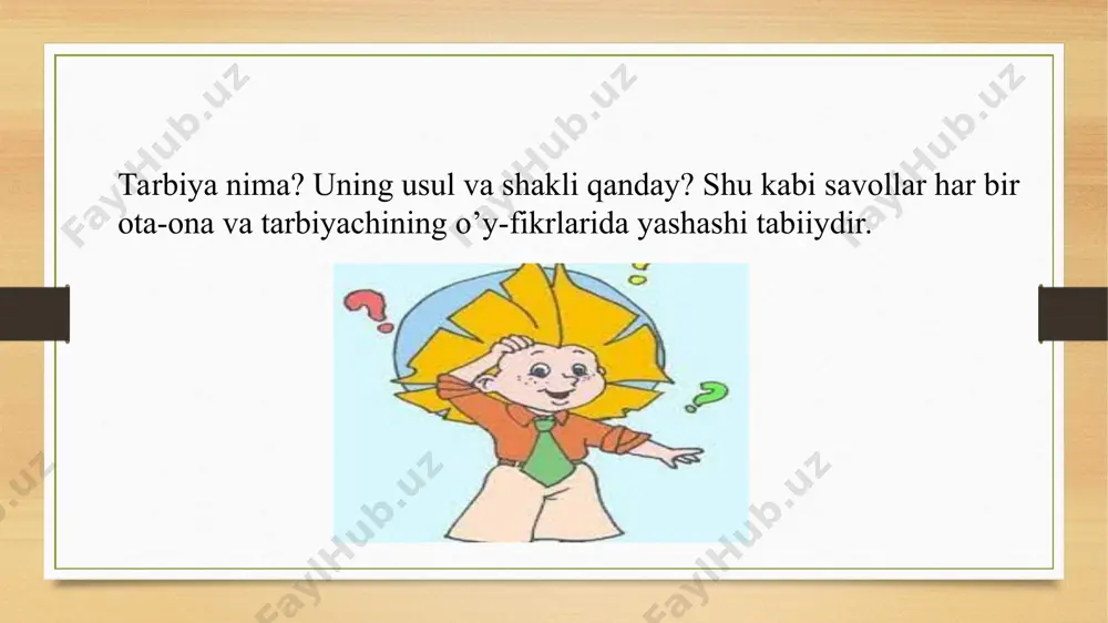 tish usullari sanaladi. faoliyatni tashkil etish va xulq-atvor me'yorlarini shakllantirish (mashq) usullari: mashq, pedagogik talab. ijtimoiy fikr, topshiriq, tarbiyalovchi vaziyat.