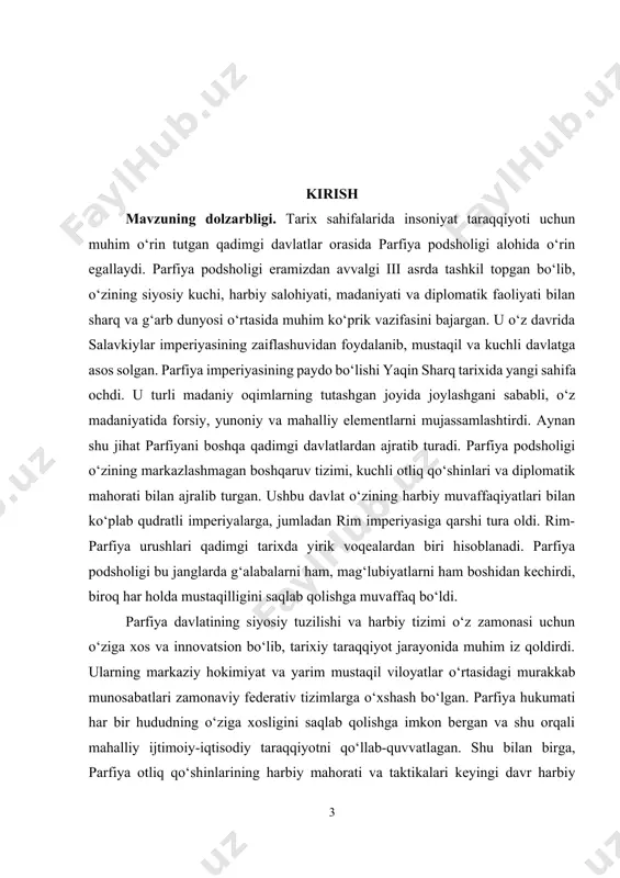iga aylangan. parfiya jamiyati ijtimoiy tabaqalarga bo‘lingan bo‘lib, aristokratiya, erkin fuqarolar va qullar qatlamlaridan tashkil topgan. aristokratiya vakillari ko‘pincha harbiy va siyosiy lavozimlarni egallagan. erkin fuqarolar esa hunarmandchilik, savdo va qishloq xo‘jaligi bilan shug‘ullanganlar. qullar esa asosan yirik yer egalari va saroylar uchun xizmat ko‘rsatgan. parfiya jamiyatining bunday tuzilishi iqtisodiy barqarorlikni ta’minlashga va davlatning uzoq muddat faoliyat yuritishiga imkon bergan. parfiya podsholigining diniy hayoti ham o‘ziga xos bo‘lgan. zardushtiylik asosiy din sifatida hukmron bo‘lsa-da, boshqa dinlarga nisbatan bag‘rikenglik namoyon qilingan. bu esa davlat ichidagi ijtimoiy barqarorlikni mustahkamlashga xizmat qilgan. yahudiylar, nasroniylar va boshqa diniy guruhlar parfiya hududida erkin yashagan va o‘z e’tiqodlarini tarqatish imkoniga ega bo‘lganlar. parfiya diplomatiyasi ham e’tiborga loyiqdir. ular o‘z davrining eng kuchli diplomatik siyosatini yuritganlar. rim va xitoy imperiyalari bilan olib borilgan diplomatik aloqalar parfiya podsholigining xalqaro nufuzini oshirgan. hatto parfiya elchilari xitoy imperator saroyiga ham borib, savdo va diplomatik aloqalarni yo‘lga qo‘yganlar. shu tariqa, parfiya …