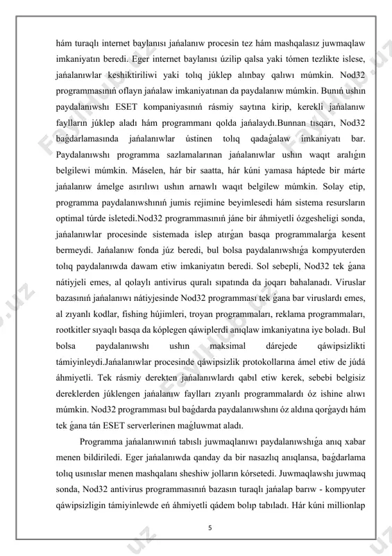 li ózgesheligi sonda, jańalanıwlar procesinde sistemada islep atırǵan basqa programmalarǵa kesent bermeydi. jańalanıw fonda júz beredi, bul bolsa paydalanıwshıǵa kompyuterden tolıq paydalanıwda dawam etiw imkaniyatın beredi. sol sebepli, nod32 tek ǵana nátiyjeli emes, al qolaylı antivirus quralı sıpatında da joqarı bahalanadı. viruslar bazasınıń jańalanıwı nátiyjesinde nod32 programması tek ǵana bar viruslardı emes, al zıyanlı kodlar, fishing hújimleri, troyan programmaları, reklama programmaları, rootkitler sıyaqlı basqa da kóplegen qáwiplerdi anıqlaw imkaniyatına iye boladı. bul bolsa paydalanıwshı ushın maksimal dárejede qáwipsizlikti támiyinleydi.jańalanıwlar procesinde qáwipsizlik protokollarına ámel etiw de júdá áhmiyetli. tek rásmiy derekten jańalanıwlardı qabıl etiw kerek, sebebi belgisiz dereklerden júklengen jańalanıw faylları zıyanlı programmalardı óz ishine alıwı múmkin. nod32 programması bul baǵdarda paydalanıwshını óz aldına qorǵaydı hám tek ǵana tán eset serverlerinen maǵluwmat aladı. programma jańalanıwınıń tabıslı juwmaqlanıwı paydalanıwshıǵa anıq xabar menen bildiriledi. eger jańalanıwda qanday da bir nasazlıq anıqlansa, baǵdarlama tolıq usınıslar menen mashqalanı sheshiw jolların kórsetedi. juwmaqlawshı juwmaq sonda, nod32 …