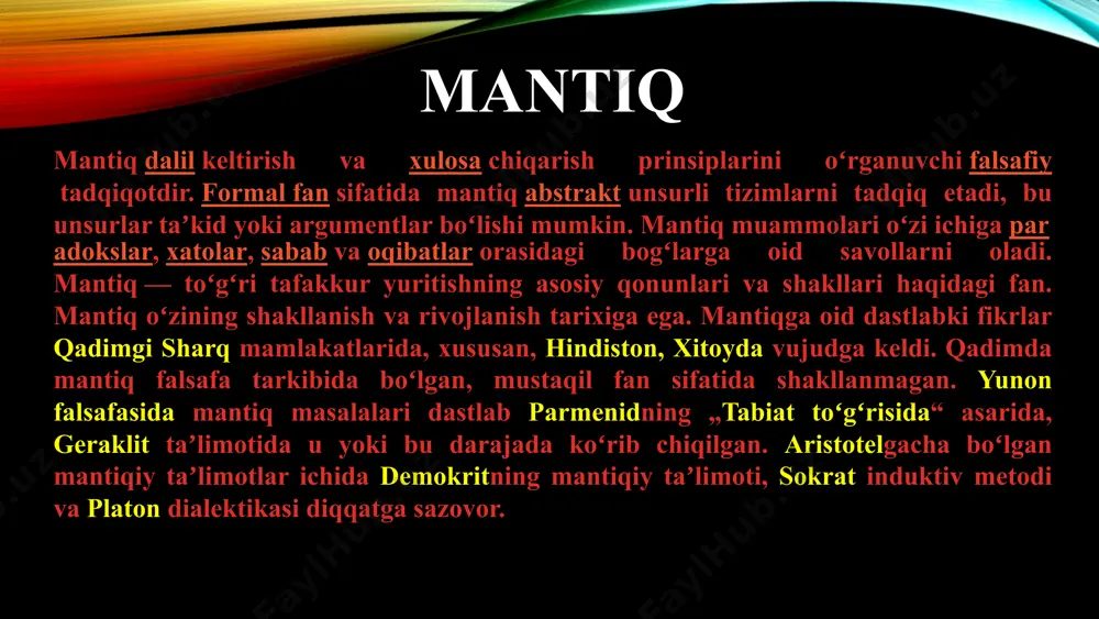iy tushuncha, hukm va ularning turlari, xulosa chiqarish, sillogizm va uning figuralari, moduslarini tahlil qildi. sillogizm va isbotlash usuli eng toʻgʻri, haqiqatga olib keluvchi usul deb hisobladi. ibn sinoning „kitob ashshifo“, „kitob annajot“, „donishnoma“ asarlarida mantiqga doir fikrlari bayon etilgan. „mantiq bilingan (bilimlar) yordamida bilinmaganlarni qanday qilib aniqlashni koʻrsatadigan, haqiqat va haqiqatsifat bilim va yolgʻon nima ekanligini hamda ular qanday turlarga ega ekanligini aniqlab beradigan ilmdir“, degan edi ibn sino. tafakkur tafakkur — inson aqliy faoliyatining yuksak shakli; obyektiv voqelikning ongda aks etish jarayoni. tafakkur atrof muhitni, ijtimoiy hodisalarni, voqelikni bilish quroli, shuningdek, inson faoliyatini amalga oshirishning asosiy sharti sanaladi. u sezgi, idrok, tasavvurlarga qaraganda voqelikni toʻla va aniq aks ettiruvchi yuksak bilish jarayonidir. tafakkur deb, voqelikdagi narsa va hodisalarni ular oʻrtasidagi bogʻlanishlarni fikran, umumlashtirib, vositali yoʻl bilan aks ettirishga aytiladi. voqelik tafakkurda, idrok va tasavvurgina nisbatan chuqurroq va toʻlaroq aks etadi. biz sezgi, idrok vositasi bilan bilib olishimiz mumkin …