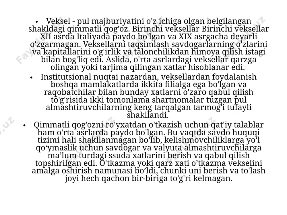kitob qilish tartibi. importyor trassant eksportyor bank trassant 1 2 3 1 - vekselni o'tkazish; 2 - to'lov uchun vekselni taqdim etish; 3 - vekselni to'lash importyor trassant eksportyor bank trassant 1 2 1 - vekselni chiqarish; 2 - vekselni qabul qilish yoki to'lash oddiy veksel yakka veksel deb ham ataladi. oddiy veksel - bu veksel egasining ma'lum bir muddat ichida ma'lum summani to'lash to'g'risidagi shartsiz buyrug'i. shunday qilib, vekselni chiqargan shaxs uning bo'yicha ham to'lovchi hisoblanadi, shuning uchun import qiluvchi trassant, bank esa trassat sifatida ishlaydi. veksel odatda ichki savdoda qo'llaniladi. o’tkaziluvchi veksel (yoki tratta) to'lovchining egasiga ma'lum summani to'lash to'g'risida so'zsiz topshirig'ini bildiradi. bunda eksportyor trassant, importyor trassat vazifasini bajaradi va to‘lov uchinchi shaxs – pul jo‘natuvchi foydasiga amalga oshiriladi. veksel taqdim etuvchi shaxs veksel beruvchi deb ataladi. birinchi oluvchining ismi vekselda ko'rsatiladi. veksel operatsiyalarini xalqaro tartibga solish xalqaro huquq veksellar muomalasini tartibga soluvchi ikkita asosiy hujjatni ajratib …