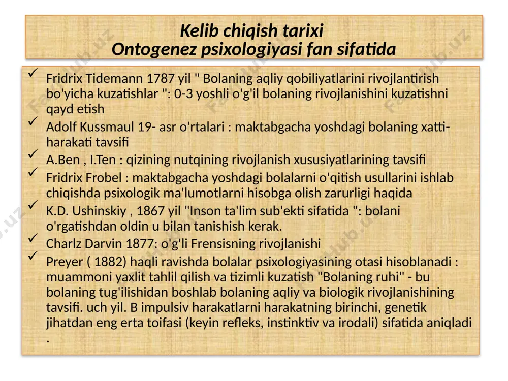 allashtirish rivojlanishni nazorat qilish tadqiqot usullarini ishlab chiqish, sinovdan o'tkazish, moslashtirish rivojlanish va rivojlanish psixologiyasining asosiy kategoriyalari va tushunchalari filogenez - biologik evolyutsiya jarayonida aqliy tuzilmalarning shakllanishi ontogenez - ma'lum bir shaxsning hayoti davomida aqliy tuzilmalarning shakllanishi yosh - bu nisbatan yopiq rivojlanish tsikli bo'lib, u o'ziga xos tuzilishi va dinamikasiga ega (aqliy yosh, xronologik yosh, psixologik va boshqalar). rivojlanish - bu vaqt o'tishi bilan aqliy jarayonlarning miqdoriy, sifat va tarkibiy o'zgarishlarda ( oldindan shakllangan va shakllanmagan ) tabiiy o'zgarishi. proksimal rivojlanish zonasi tushunchalar: aniqlovchi omillar, rivojlanish shartlari, mexanizmlari rivojlanishning aniqlovchisi - zaruriy shartlar, omillarning sababiy shartlari majmui faktor - latdan. omil - qiladigan - ishlab chiqaruvchi), sabab, har qanday jarayon, hodisaning harakatlantiruvchi kuchi , uning xarakterini yoki individual xususiyatlarini belgilovchi vaziyat - biror narsaning rivojlanishi uchun qulay sharoitlar old shart - shartlarni oldindan belgilash ruhiy rivojlanish shartlari normal ishlashi, tajriba tashuvchisi sifatida bolaning kattalar bilan muloqoti shaxsning o'zi faoliyati …