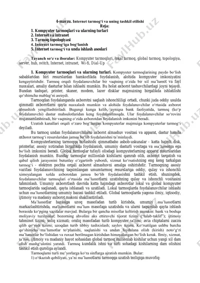 internet tarmogʻi va uning tashkil etilishi — PDF
